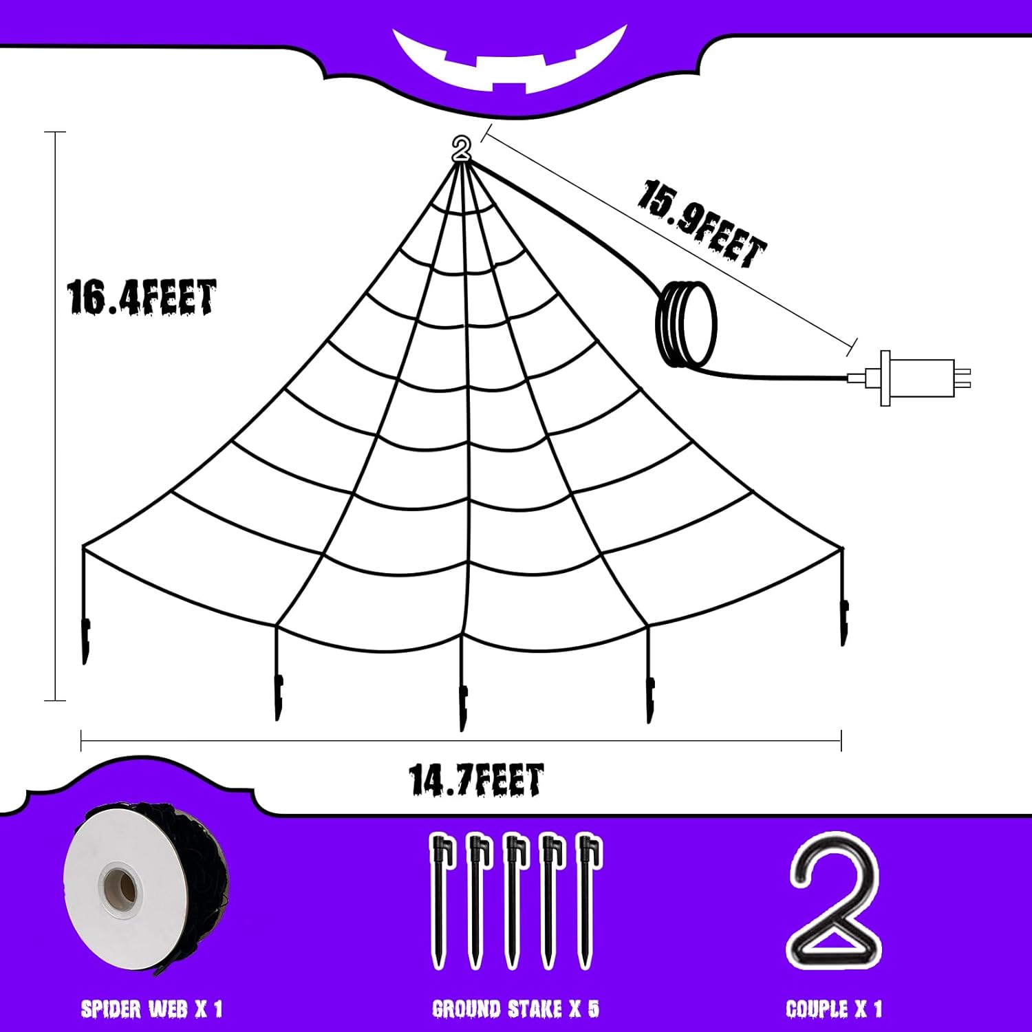 Vanthylit Decoraciones de Halloween para exteriores, luces gigantes de telaraña de 16 x 15 pies con 135 luces LED moradas iluminadas para fiestas,