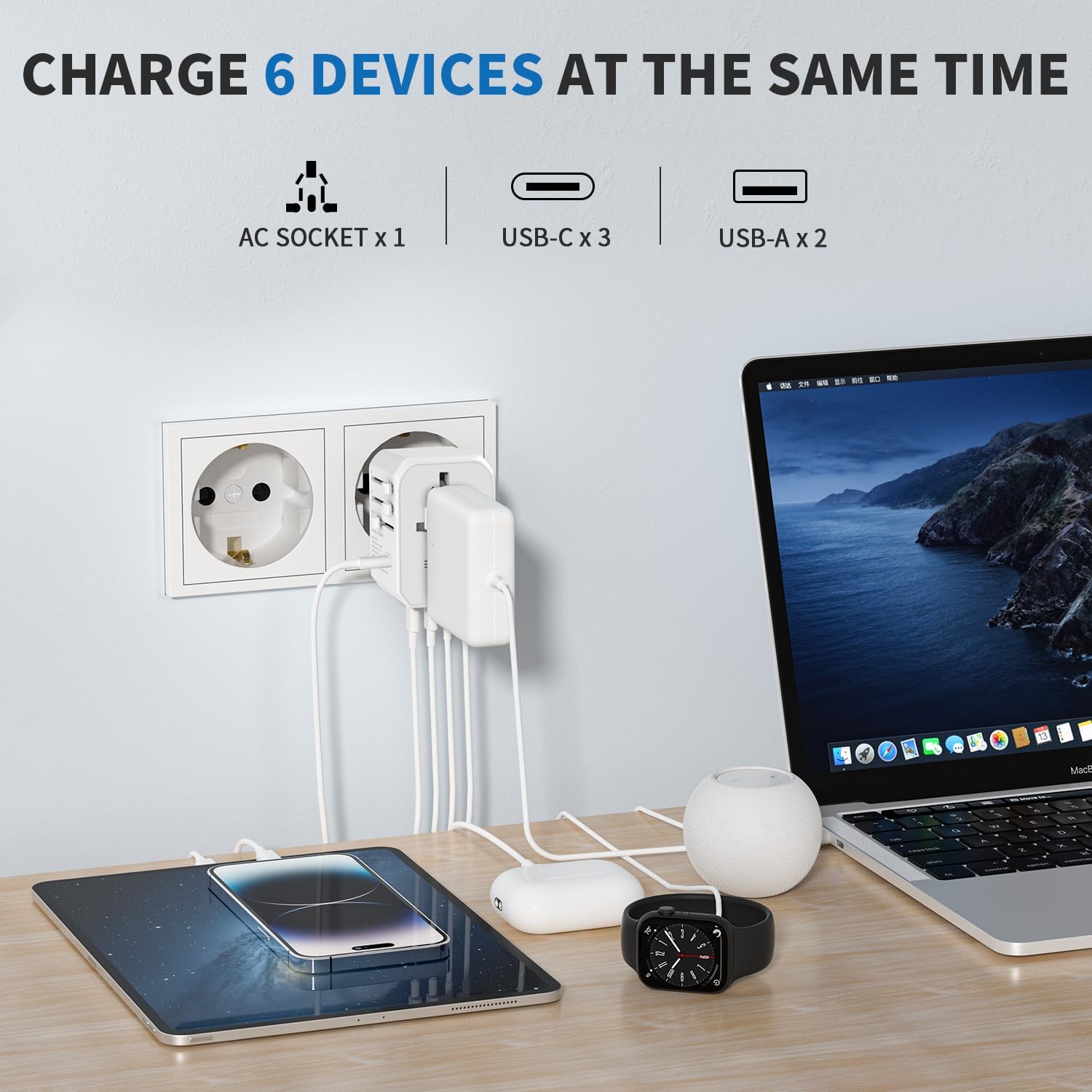 EPICKA Adaptador de viaje universal, adaptador de enchufe de alimentación internacional con 3 puertos USB-C y 2 puertos USB-A, cargador de pared