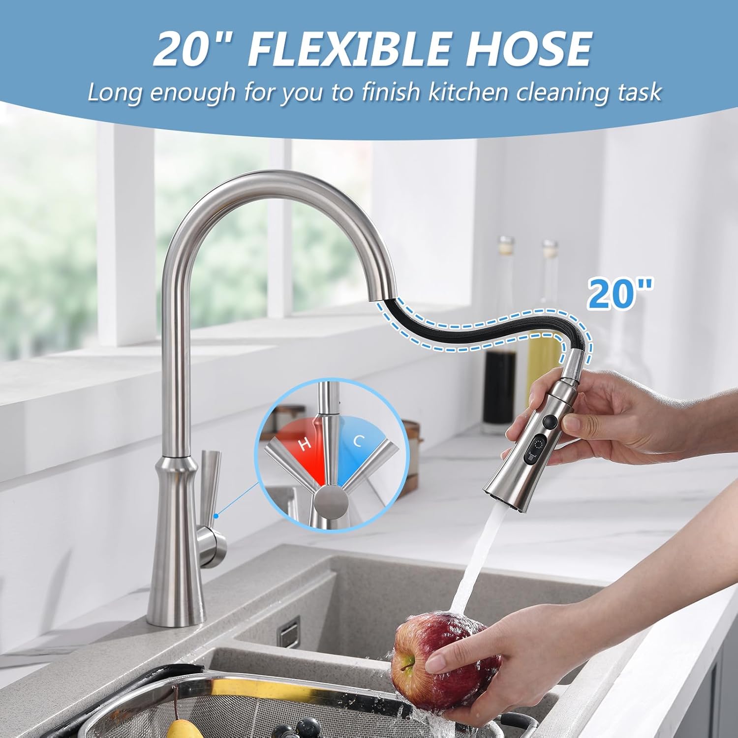 Aktines – Grifo de cocina de acero inoxidable con rociador extraíble, grifo de fregadero de cuello de cisne de arco alto con cepillo de limpieza,