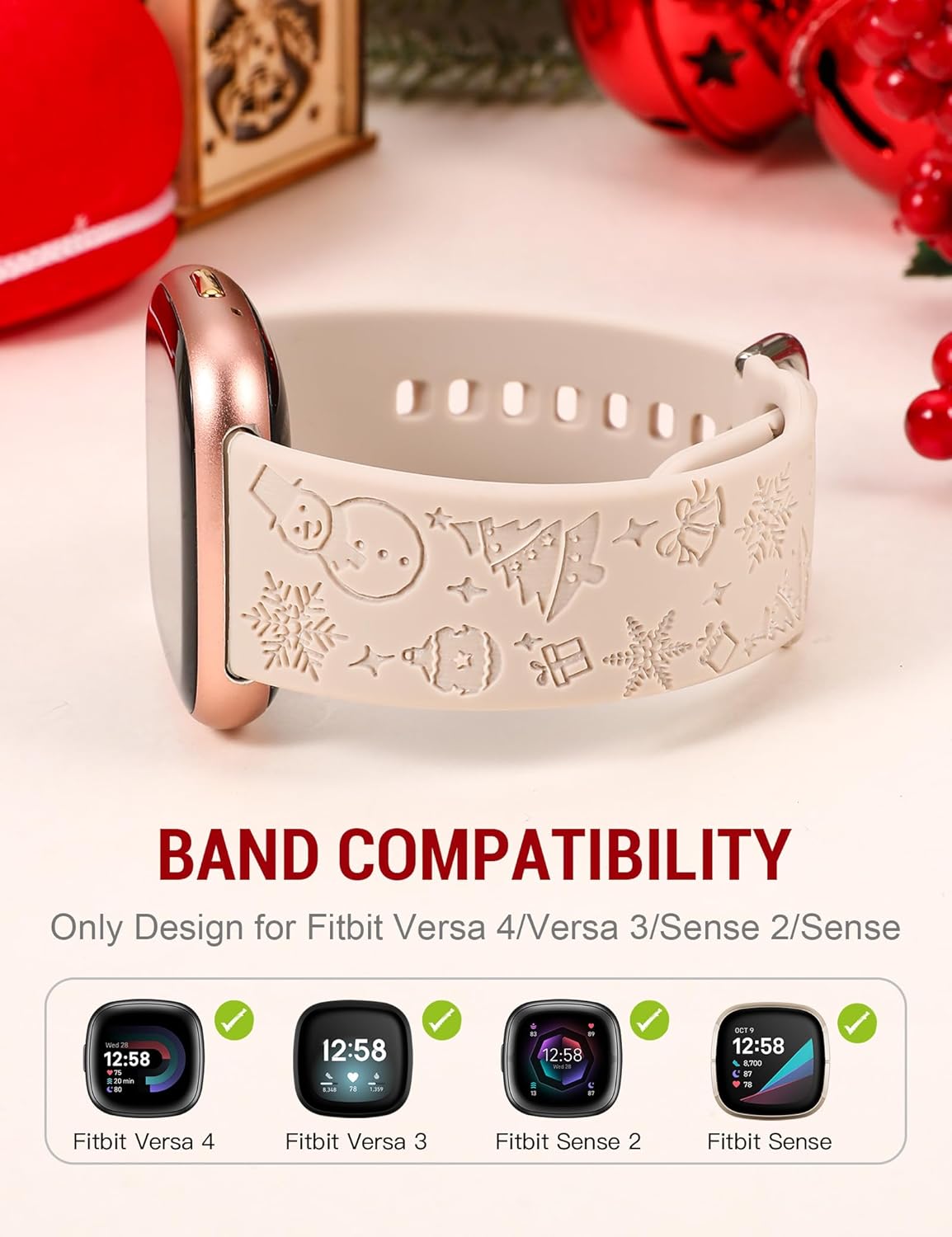 W-RARA Correa de reloj grabada de Navidad compatible con Fitbit Versa 4Versa 3Sense 2Sense, mujeres y hombres, silicona suave, lindo muñeco de