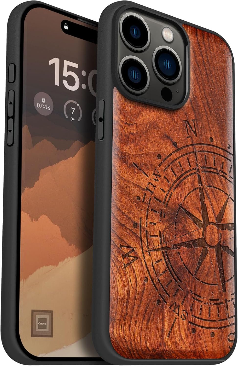 Carveit Funda magnética de madera para iPhone 15 Pro Max madera maciza y TPU suave negro a prueba de golpes, funda de madera única compatible con