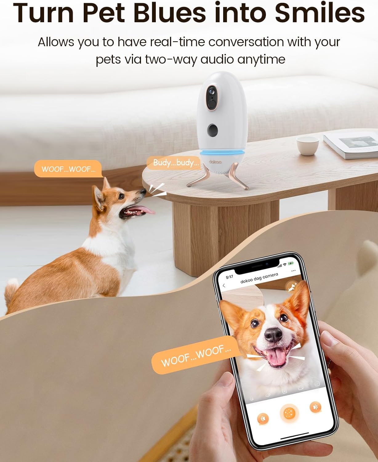 Cámara para perros con dispensador de golosinas, cámara de visión de 330 para mascotas con cámara HD de 2K4MP, cámara Wi-Fi de 2.4 GHz para gatos