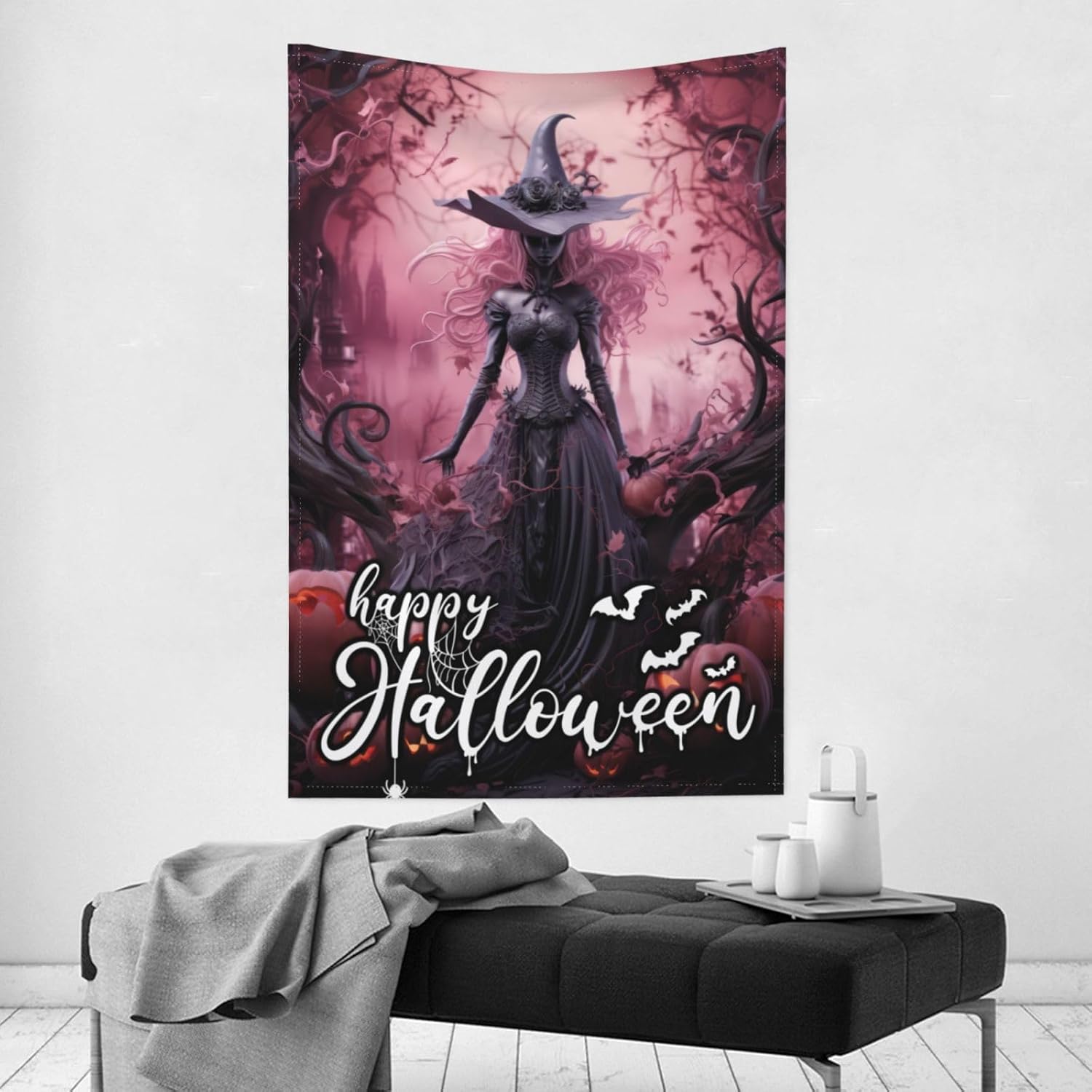 Tapiz decorativo de pared de Halloween, de 80 x 60 pulgadas, de color rosa, castillo de Halloween, decoración para colgar en la pared, tapiz