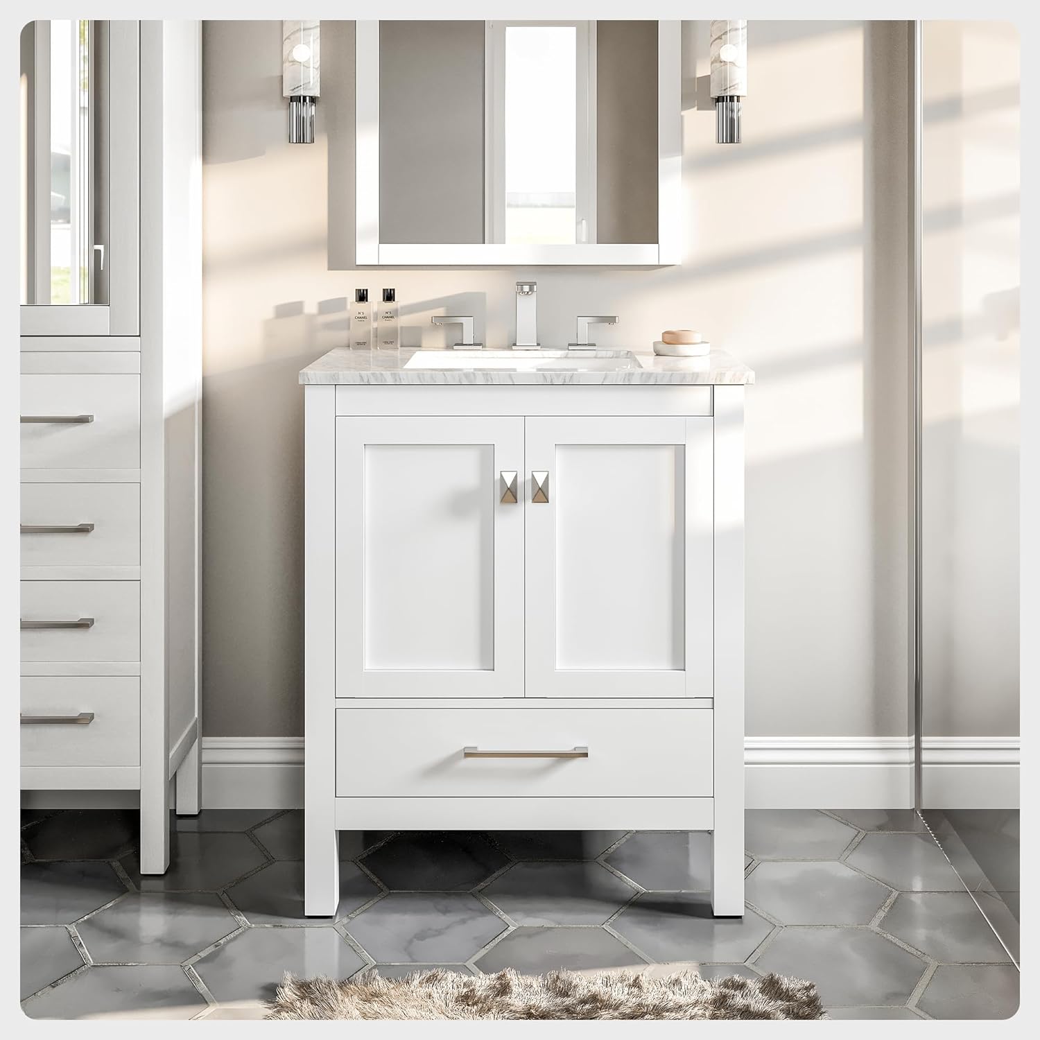 Eviva Aberdeen – Tocador de baño moderno – Tocador de baño pequeño de madera maciza blanca de 30 pulgadas con fregadero, tocador de baño de