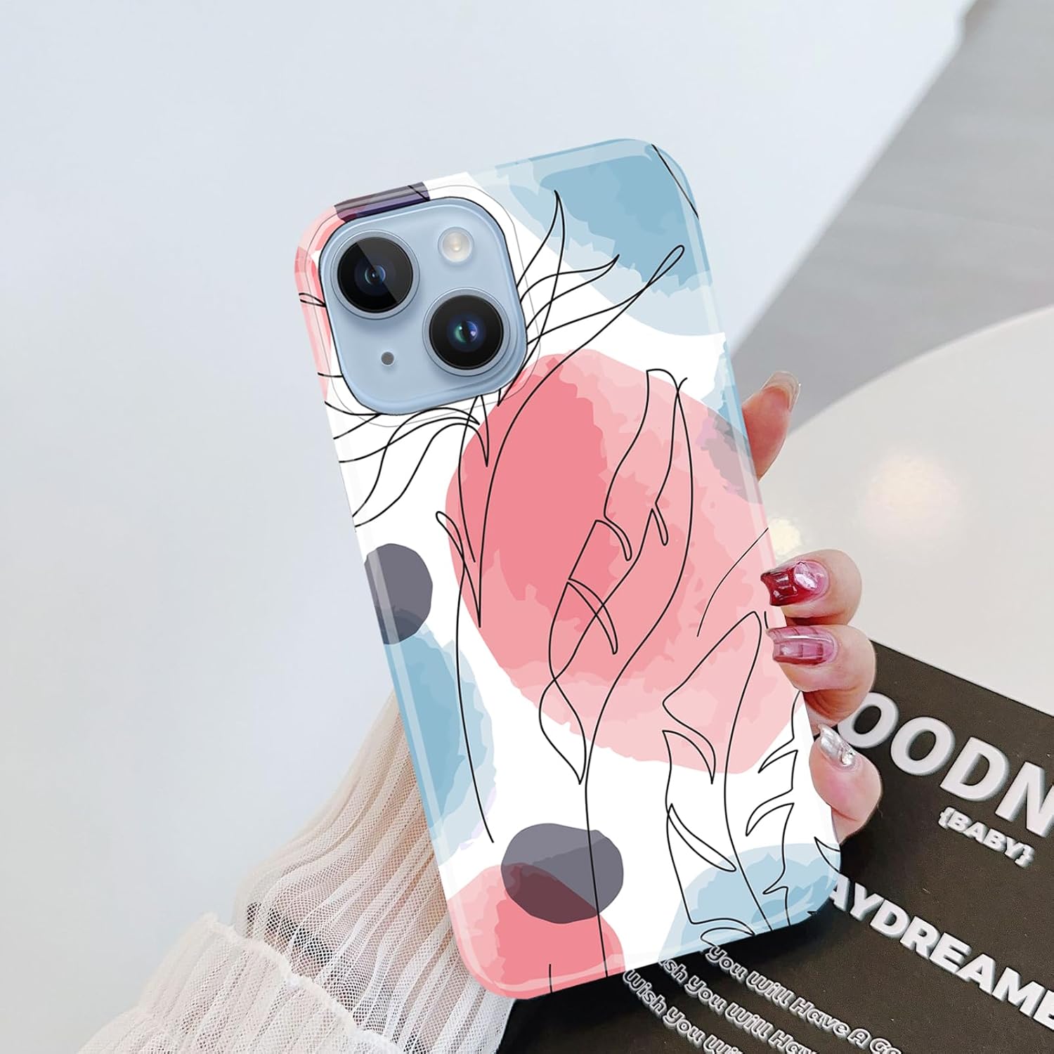 J.west Funda para iPhone 14 Plus 6.7, estética, acuarela, minimalista, bohemio, moderno, impresiones abstractas delgadas, línea geográfica, patrón