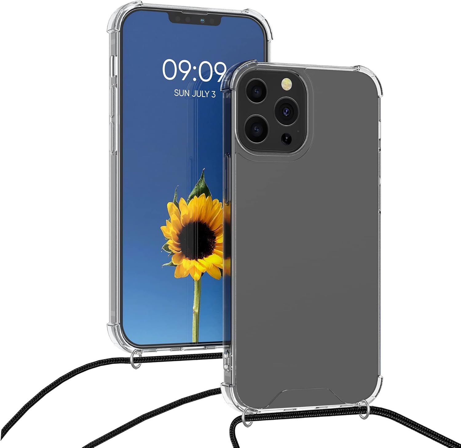 kwmobile Funda cruzada compatible con Apple iPhone 13 Pro, funda transparente de TPU con correa de cordón, color negro y transparente