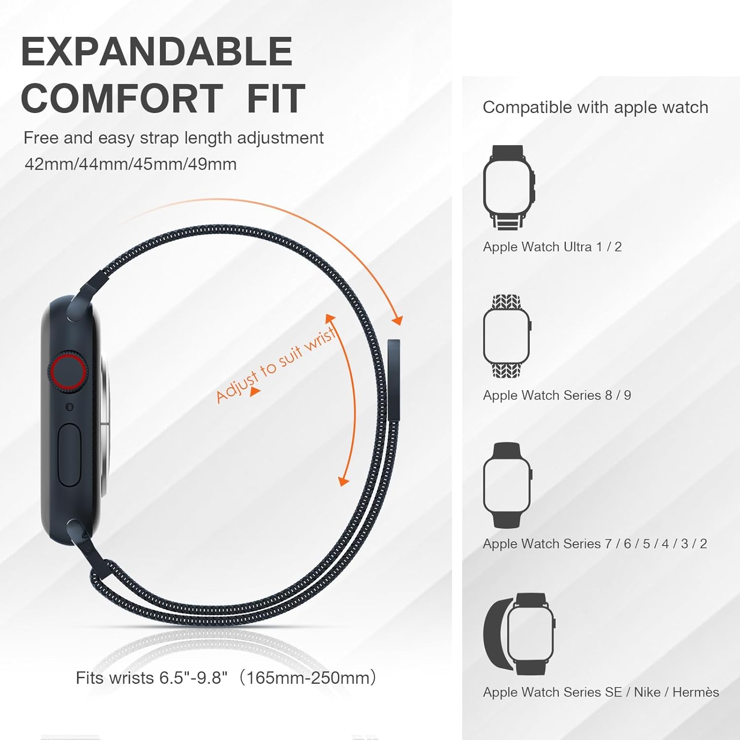 Correa milanesa de acero inoxidable compatible con Apple Watch Band de 1.654 pulgadas, 1.732 pulgadas, 1.772 pulgadas, 1.775 pulgadas, 1.575