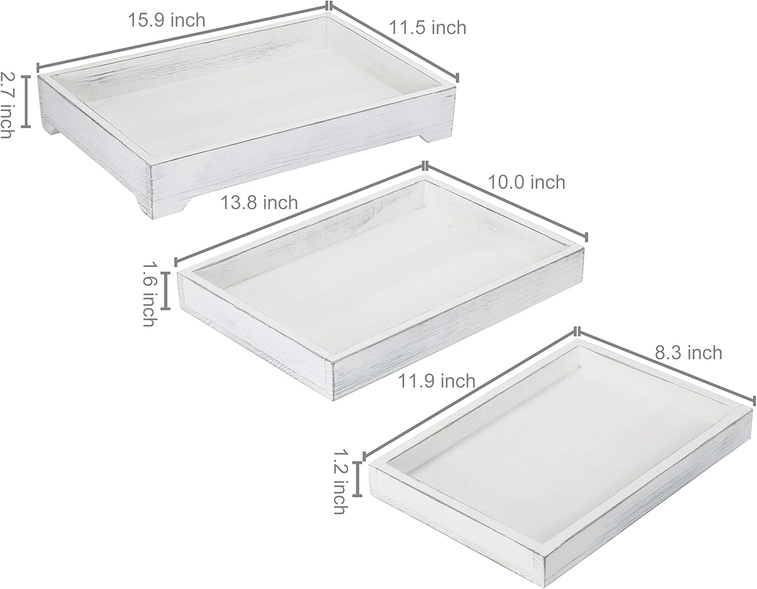 MyGift Bandeja decorativa de madera blanca vintage, bandeja de servicio de madera de 3 piezas, bandeja de mesa de café otomana de exhibición