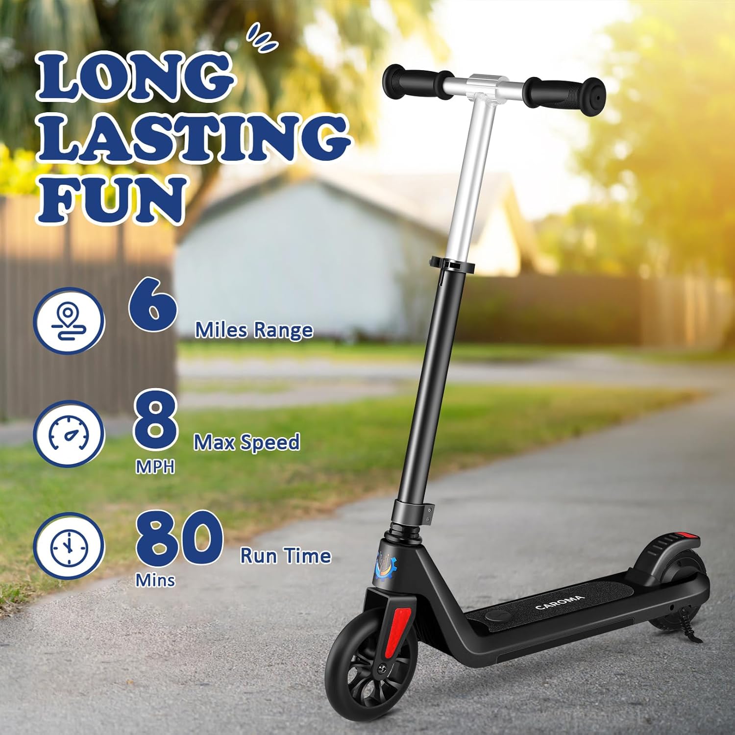 Caroma Scooter eléctrico para niños de 6 a 14 años, motor de 150 W, 10 mph, 80 minutos de tiempo de conducción, velocidad y altura ajustables, luces