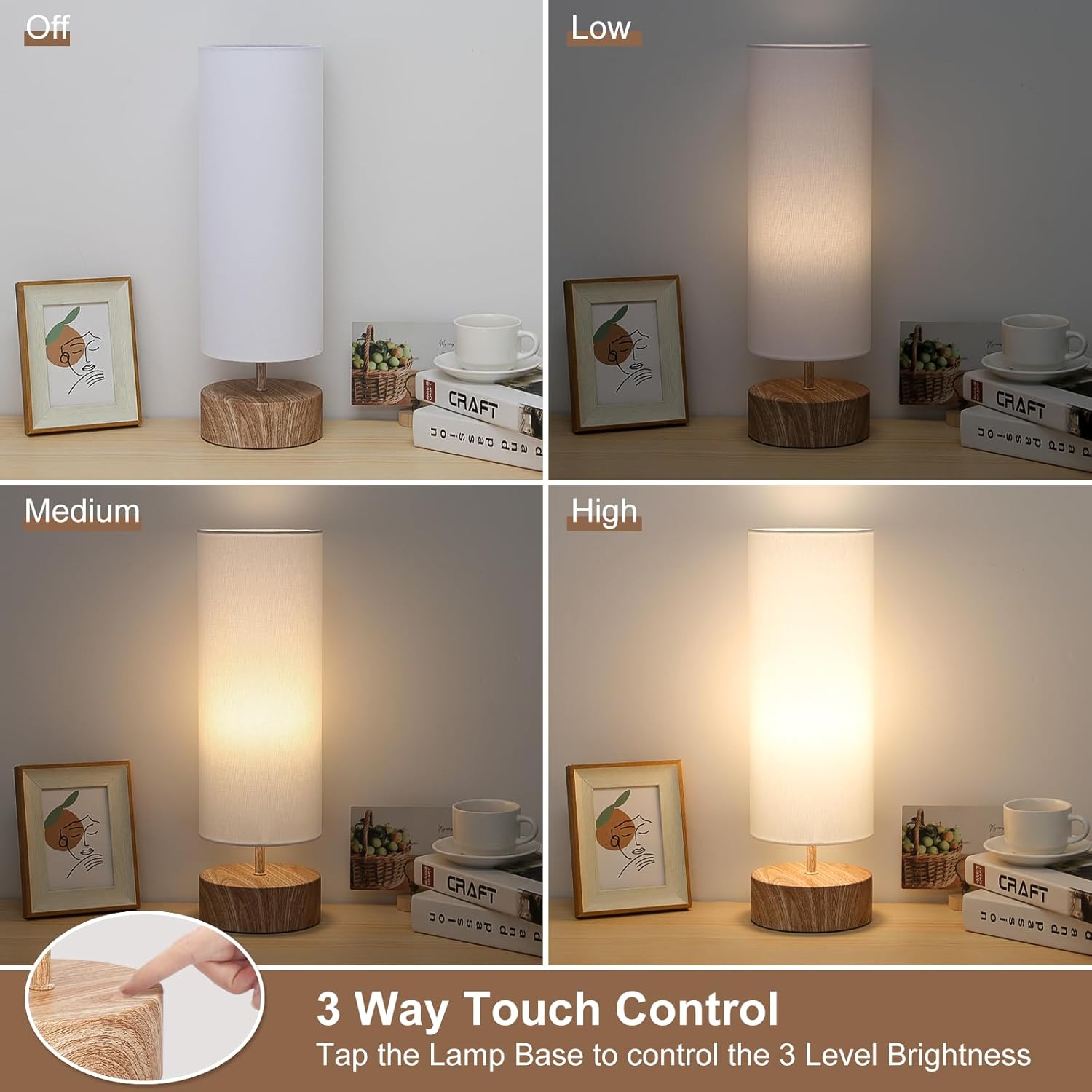 Lámpara de mesa de noche, lámpara de mesa de control táctil de 3 vías con base de grano de madera, lámpara de mesita de noche regulable con pantalla