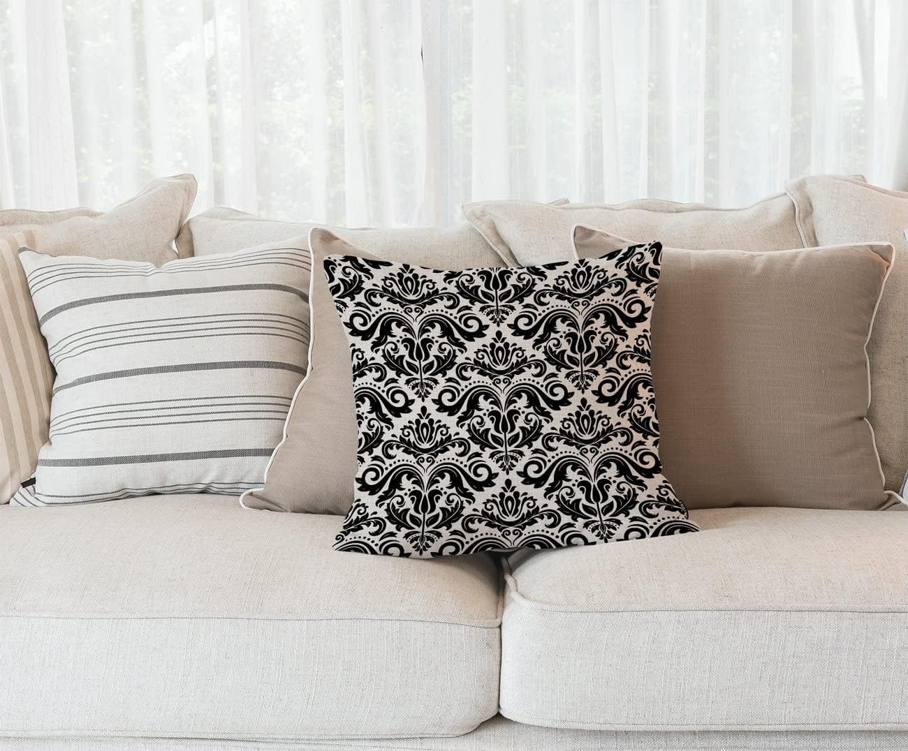 Fundas de almohada con estampado clásico oriental abstracto floral blanco y negro de 18 x 18 pulgadas, funda de almohada decorativa para sofá, funda