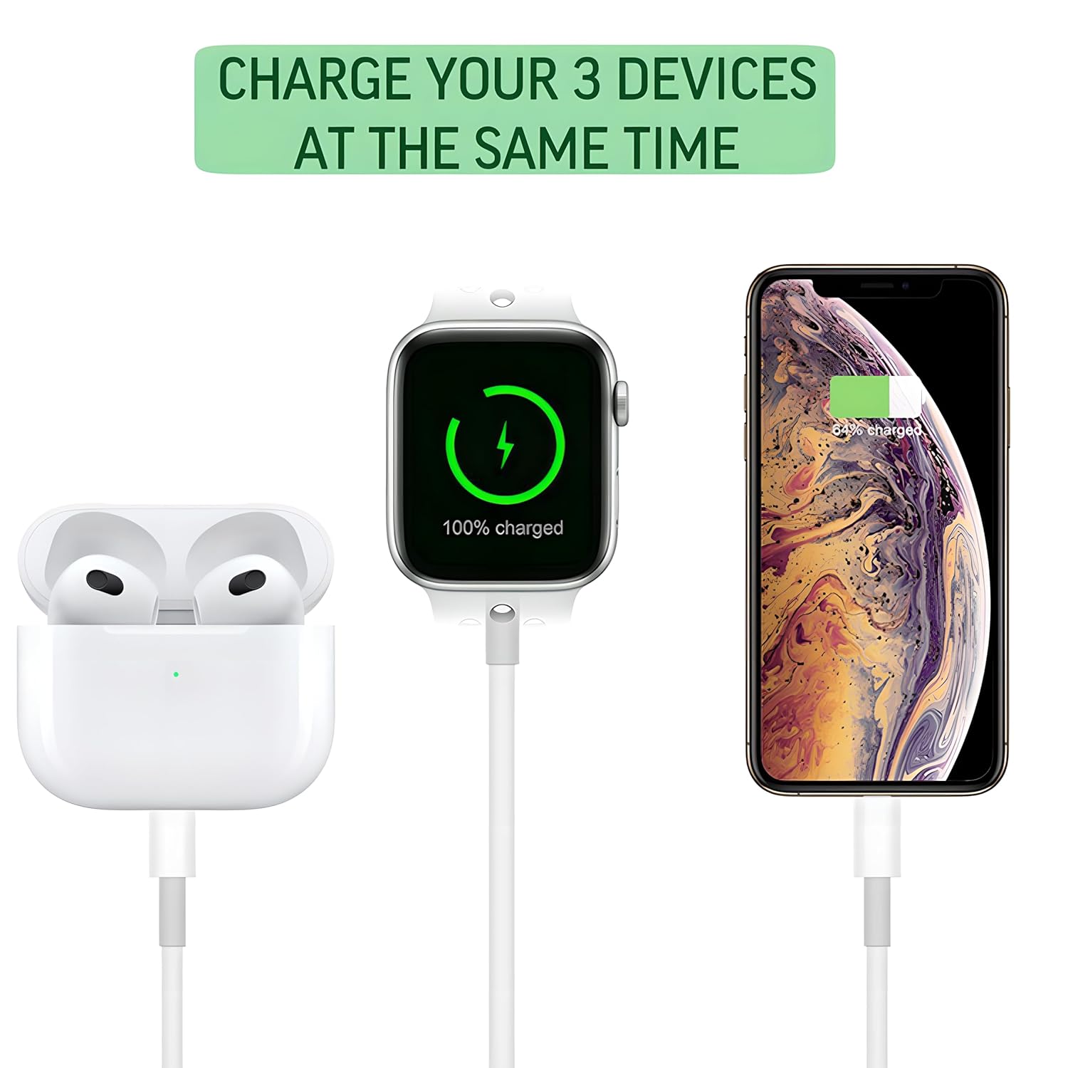 Cable de carga 3 en 1 para teléfono y Apple Watch, cable de carga USB compatible con iWatch Series 9 8 7 6 5 4 3 2 1 SE1 SE2 Ultra 2, iPhone
