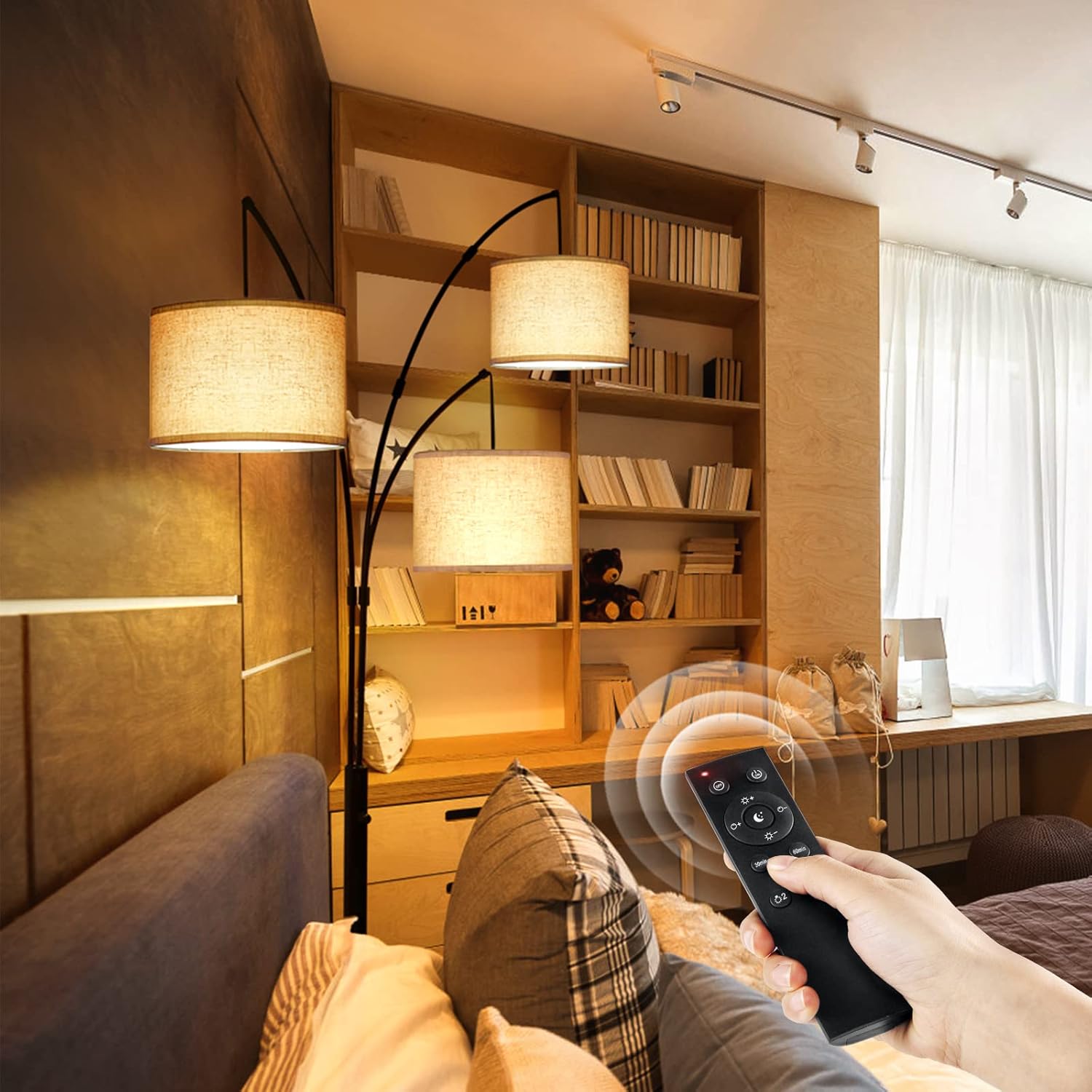 OUTON Lámpara de pie LED de arco con control remoto, regulable, moderna, de 3 luces, arqueada, alta, de mediados de siglo, para dormitorio, oficina,