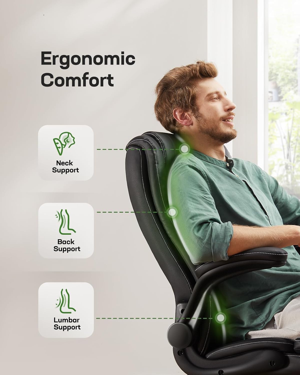 Marsail Silla de oficina ejecutiva con reposabrazos abatibles, silla de escritorio ergonómica de piel sintética, silla de escritorio giratoria de