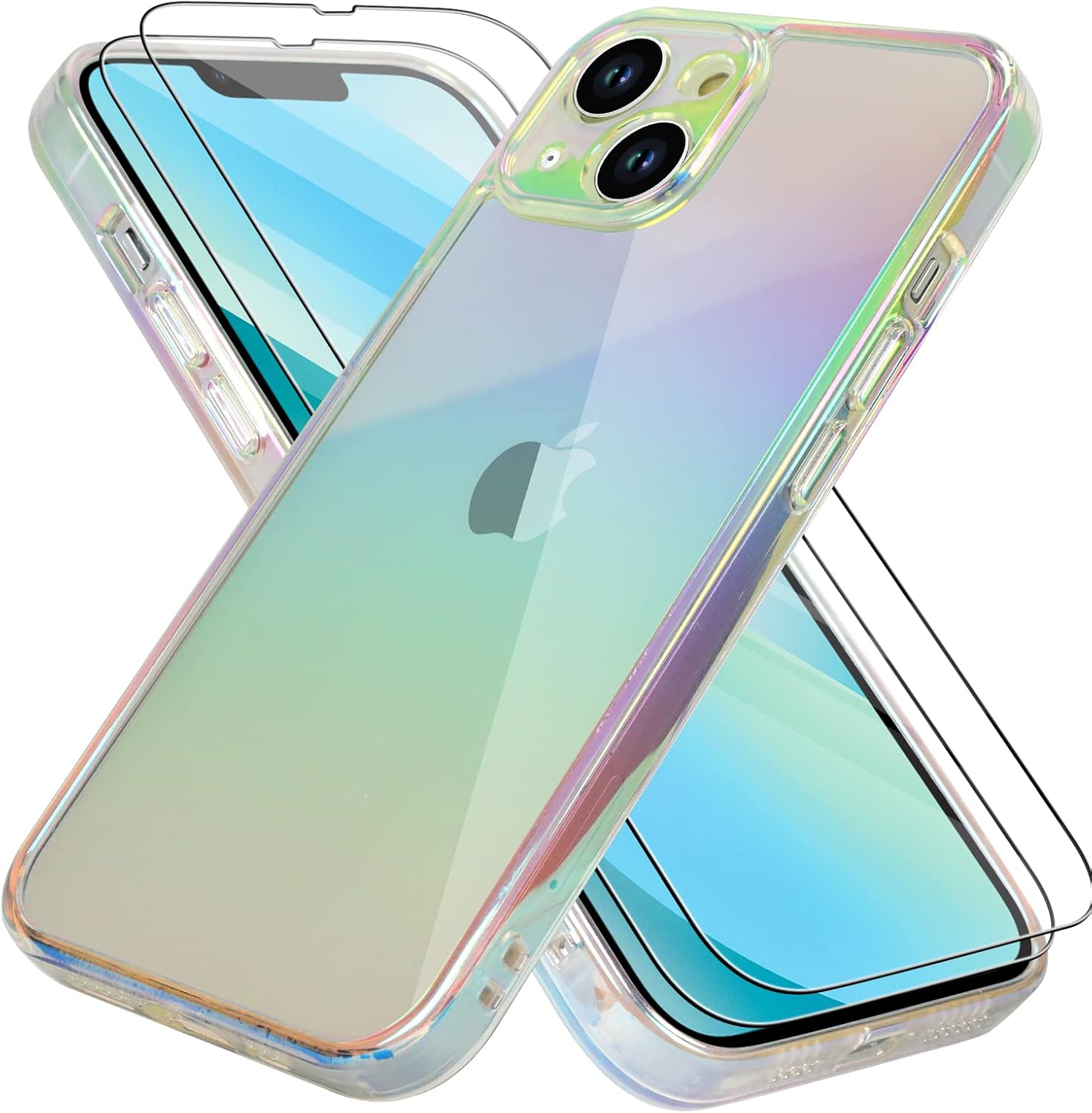 Bonoma Funda compatible con iPhone 13 con cristales iridiscentes fluorescentes brillantes de lujo, protector de cámara + 2 protectores de pantalla a