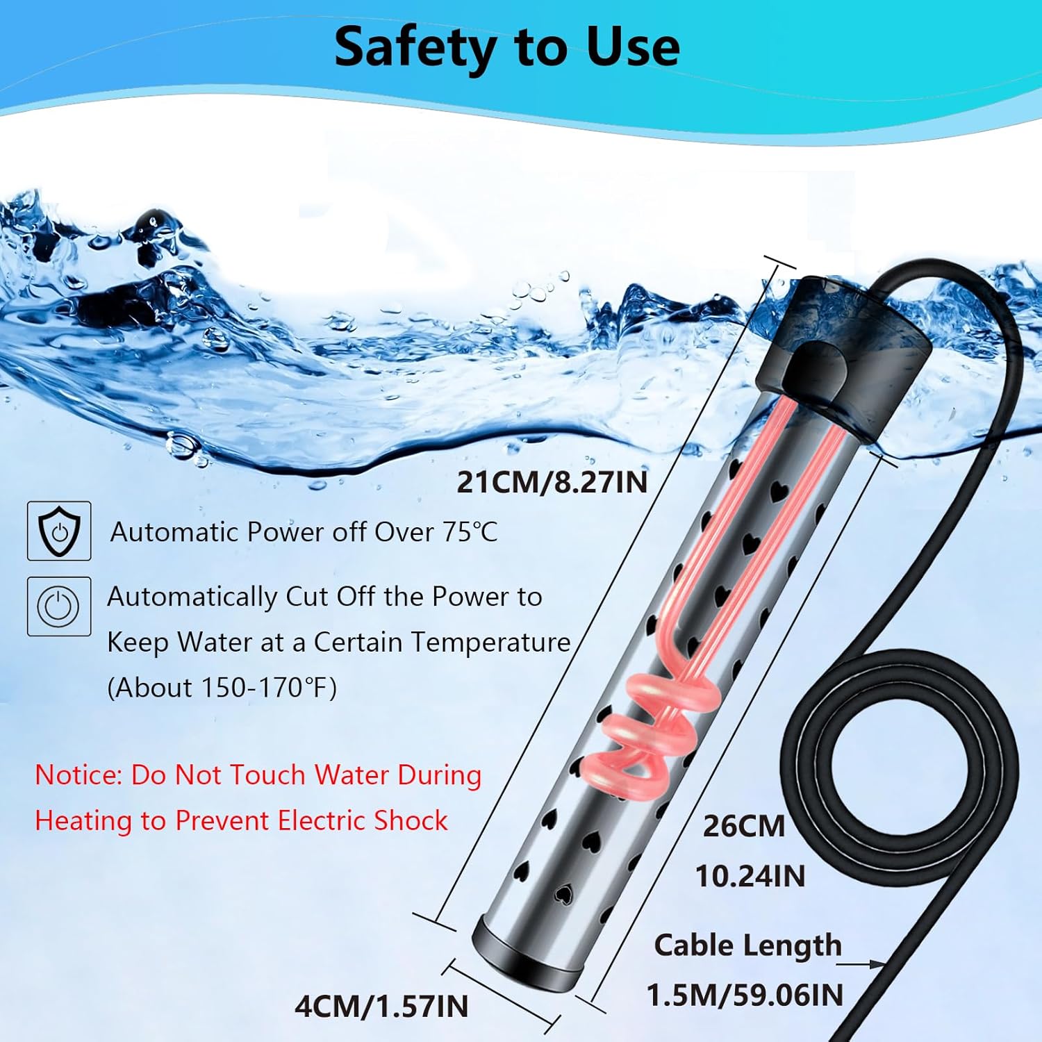 Calentador de piscina de 1500 W para piscina inflable sobre el suelo, calentador de agua de inmersión para bañera con control termostático e