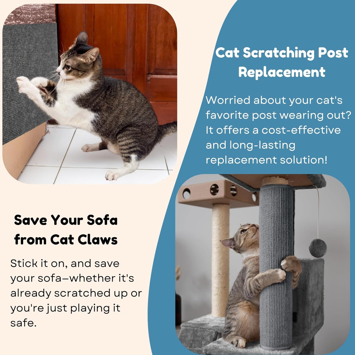 Tapete para arañazos para gatos (paquete de 3), 23.6 x 11.8 pulgadas, reemplazo autoadhesivo versátil fácil de usar para árboles de gatos, muebles