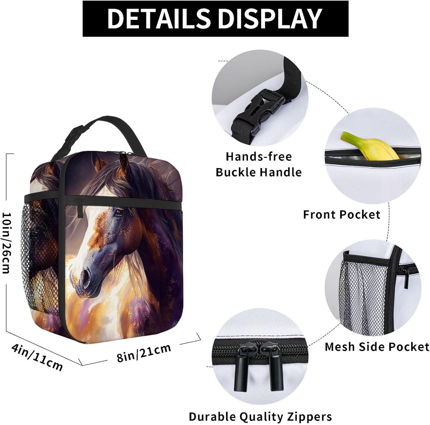 Cioroper Bolsa de almuerzo aislada marrón con caballo de acuarela para mujer, lonchera para hombres, bolsa de mano portátil para trabajo, picnic,