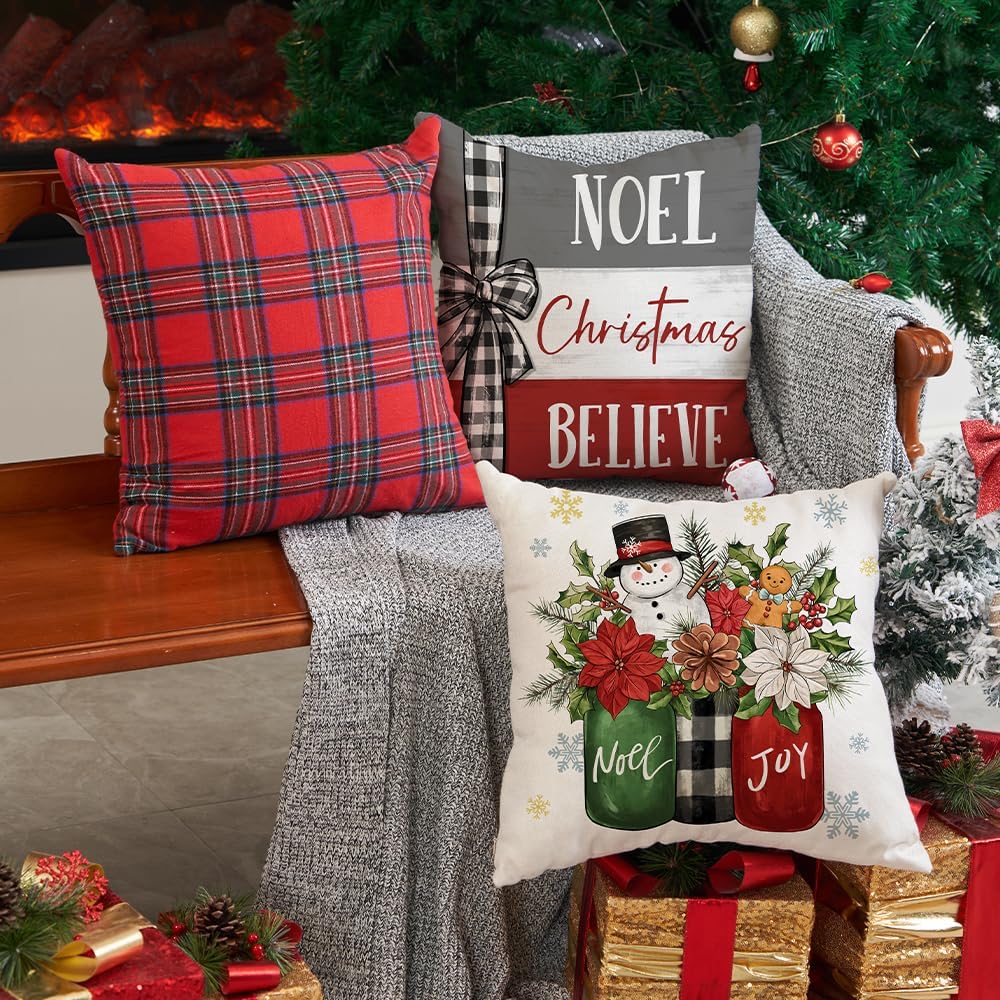 DFXSZ Juego de 4 fundas de almohada navideñas de 18 x 18 pulgadas, jarrón de muñeco de nieve, árbol de Navidad, decoración de invierno para el
