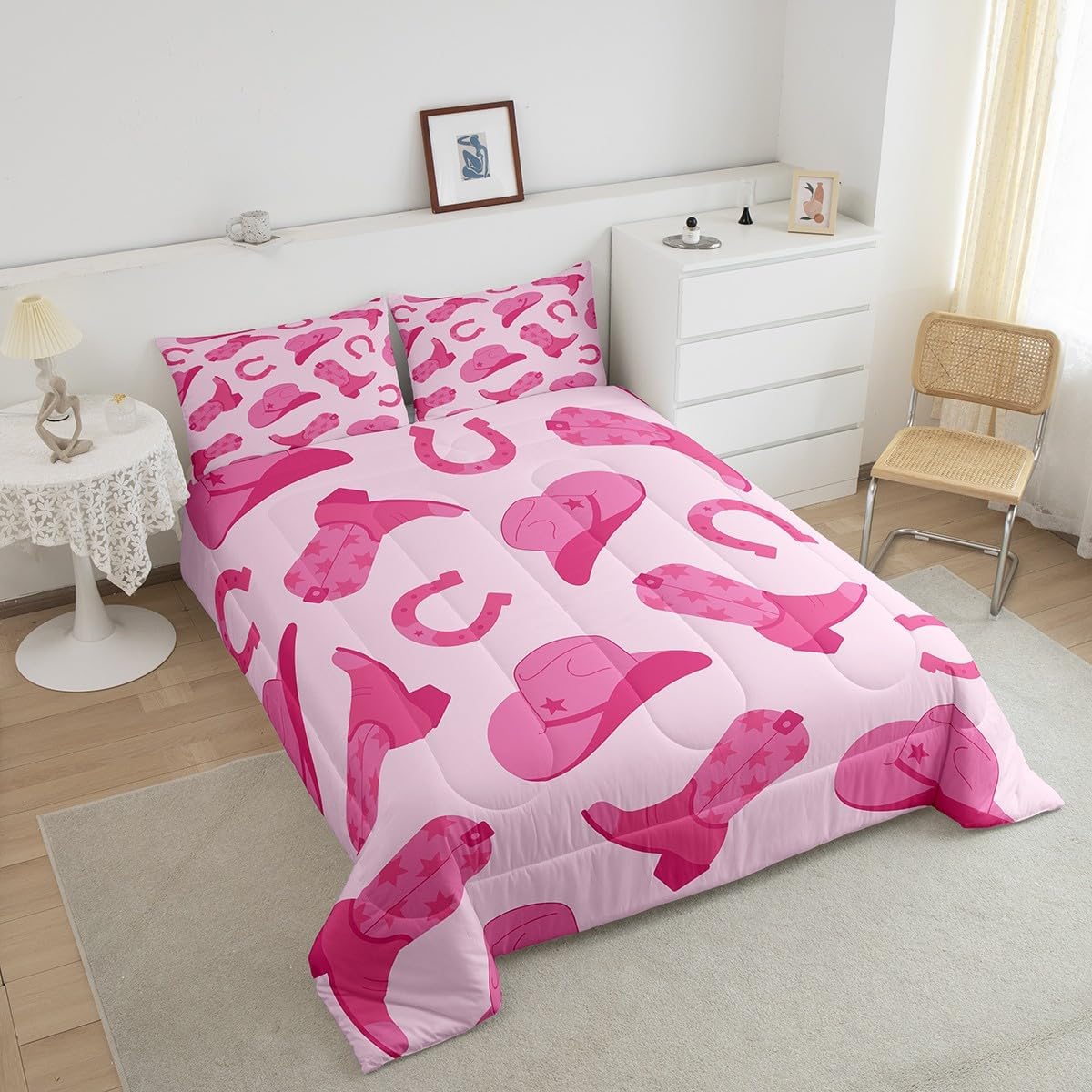 Erosebridal Juego de ropa de cama de vaquera, lindo juego de edredón de vaquera rosa kawaii, regalo para niñas y mujeres, sombrero de vaquero, botas