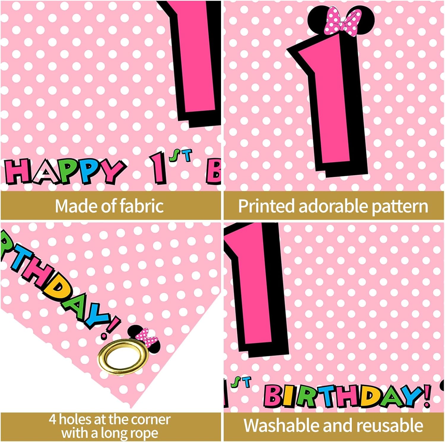 Decoración de pancarta de primer cumpleaños de Minnie, telón de fondo de cumpleaños de Minnie rosa para niños y niños, suministros de decoración de