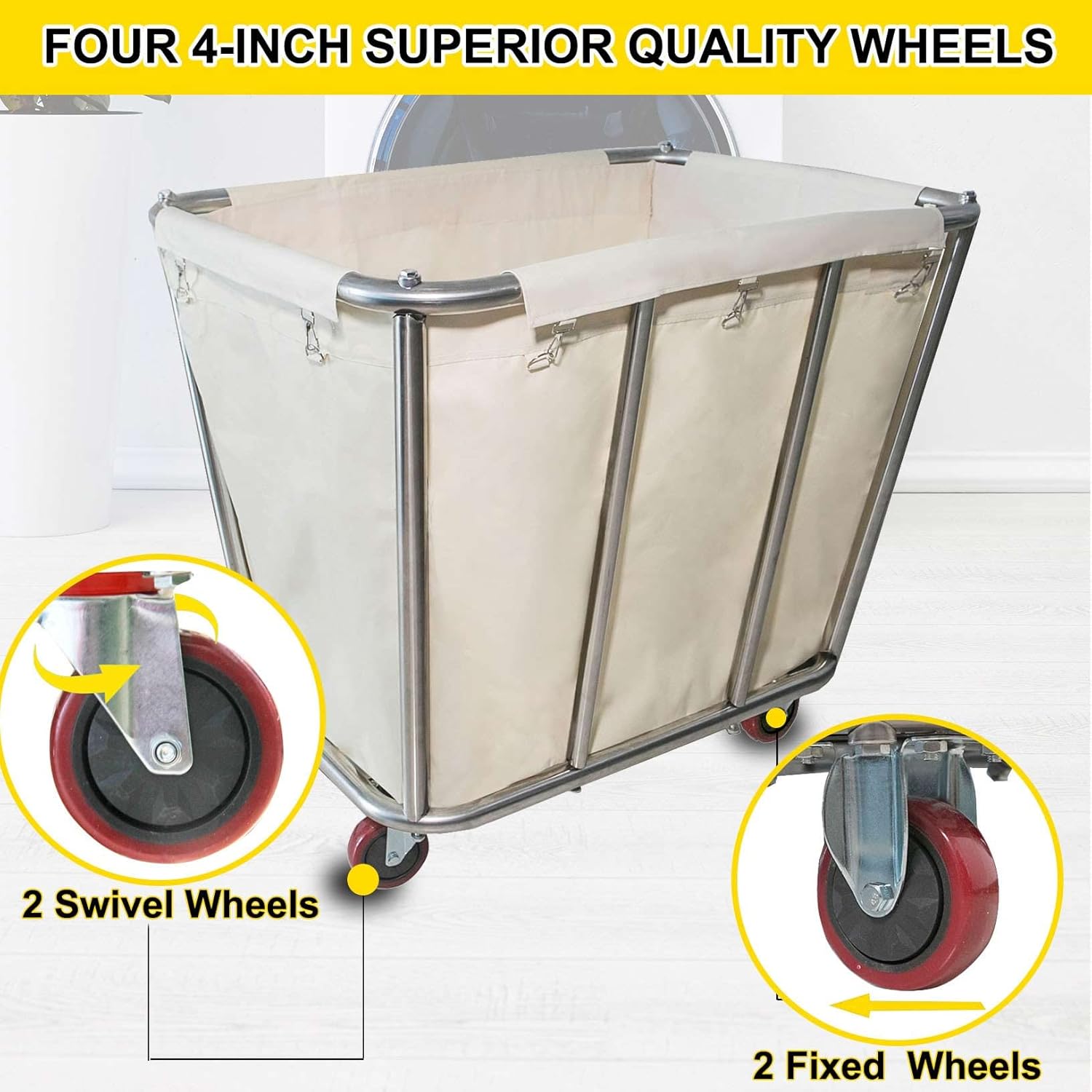 Graywlof Carrito de lavandería de 10 bushel con ruedas, resistente, industrial, para el hogar, color beige, grande, cesta de lavandería, cesta de