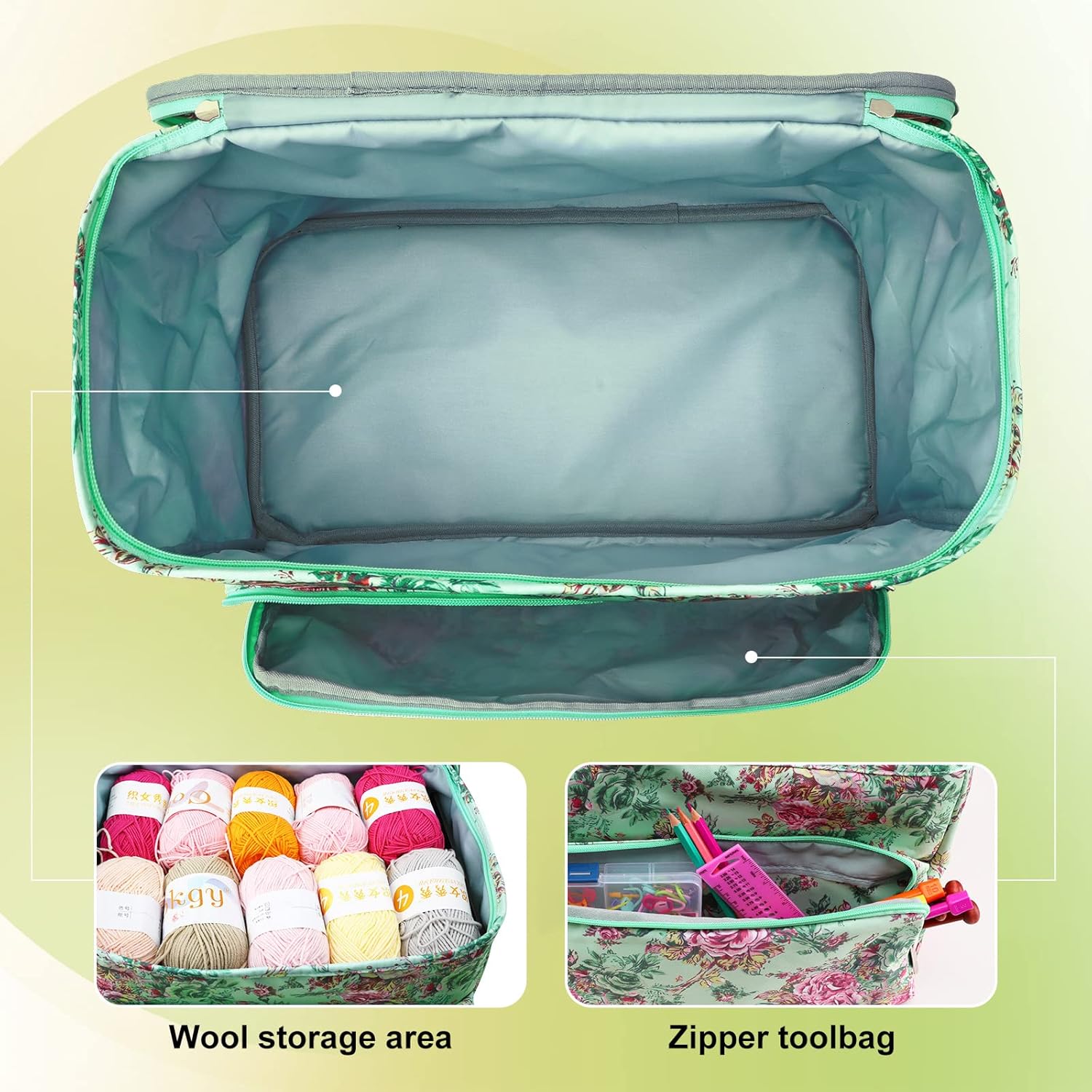 Looen – Bolsa para tejer de gran tamaño, organizador para guardar bolas de estambre e hilo con cierre de cremallera y bolsillo para agujas y