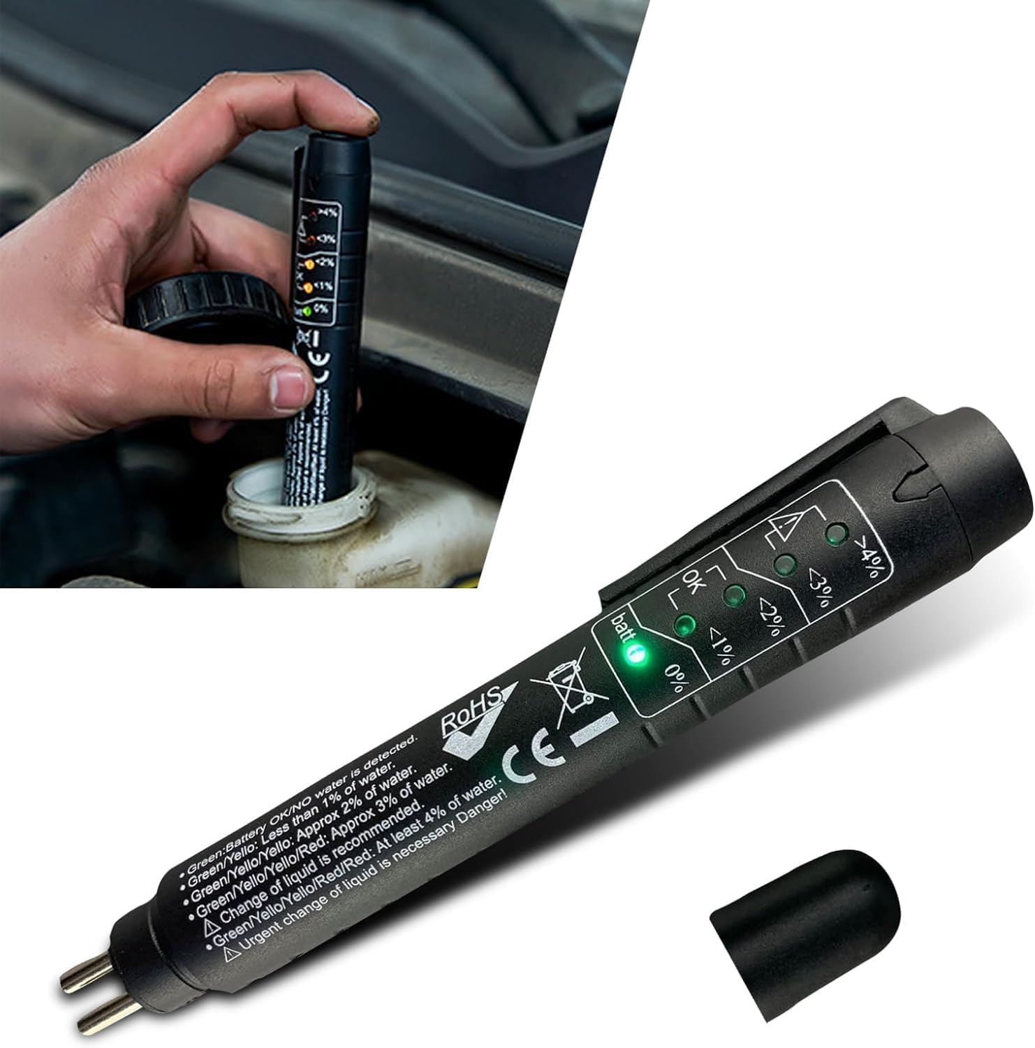 1 bolígrafo de prueba de líquido de frenos de automóvil, probador de porcentaje de contenido de humedad de gasolina con cinco indicadores LED,