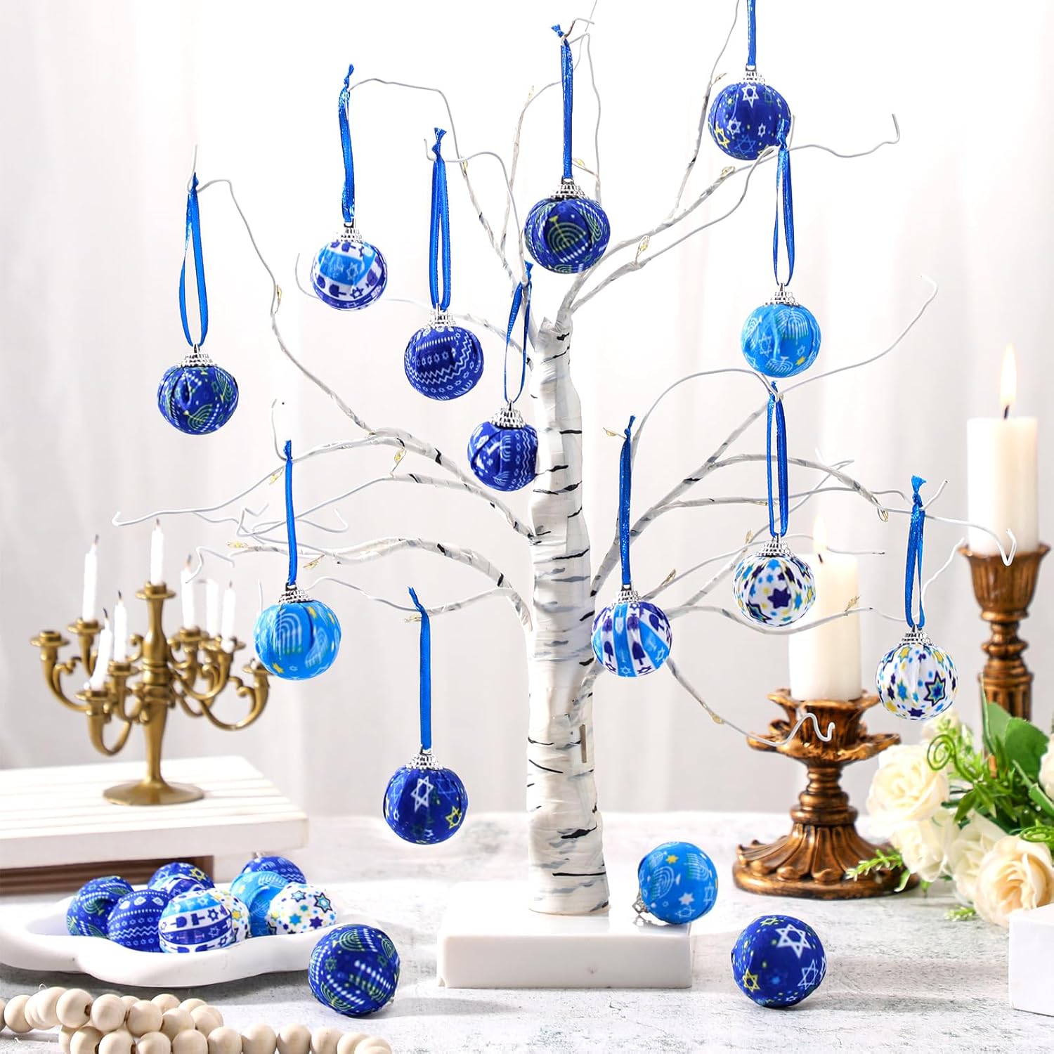 24 adornos de bola de Hanukkah, adornos de árbol de Hanukkah, adornos azules y blancos, decoración de árbol de Navidad para Hanukkah, fiesta de