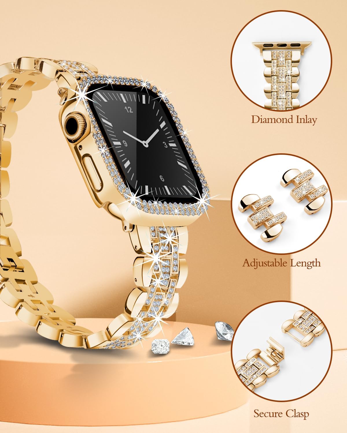 beu1st Correa brillante compatible con correas de Apple Watch de 1.575 pulgadas para mujer, correa de metal de repuesto de joyería de diamante,
