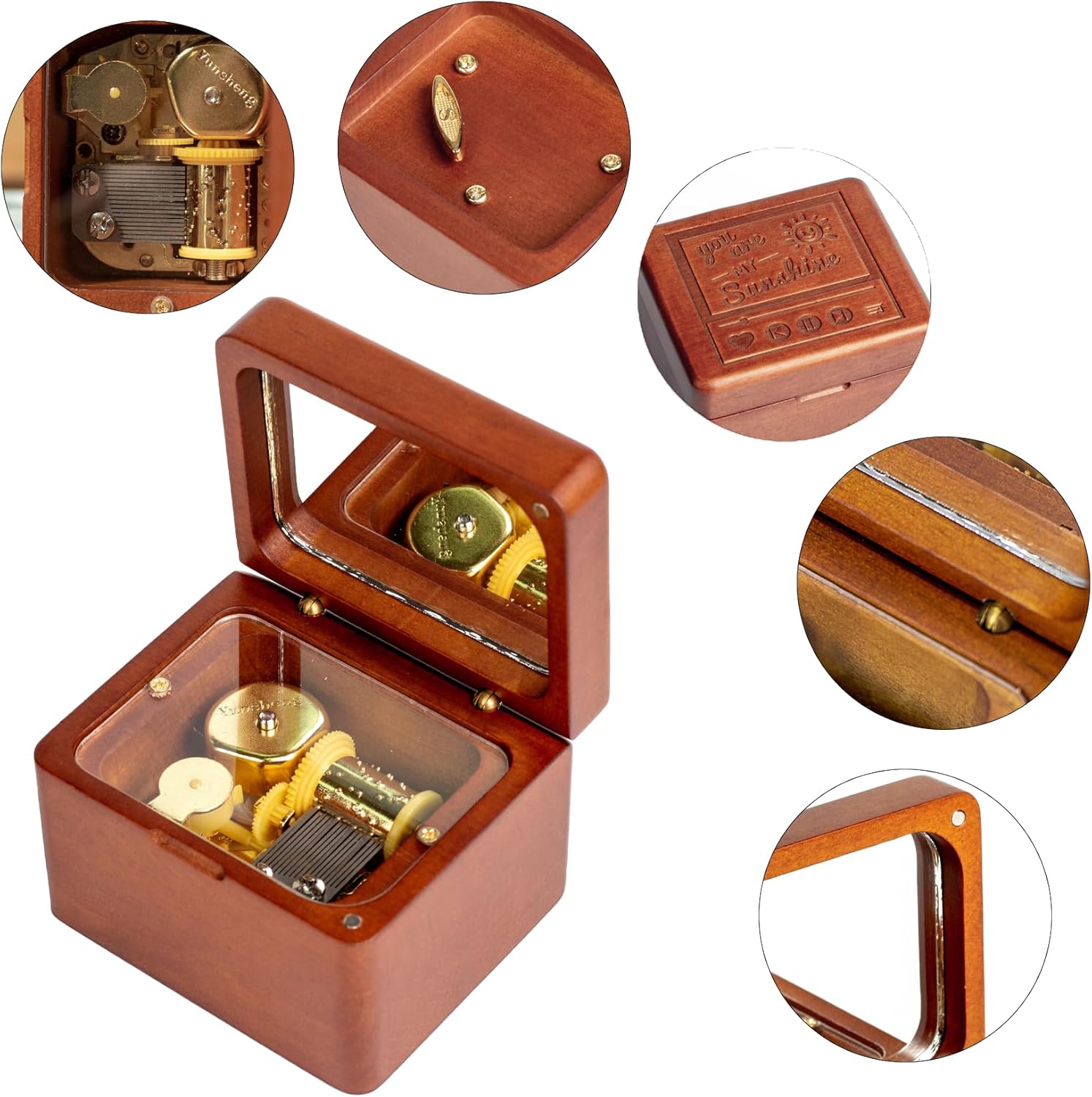 Caja de música de madera maciza con mecanismo de cuerda antigua, caja musical grabada con espejo, regalo de Navidad, cumpleaños, día de San Valentín