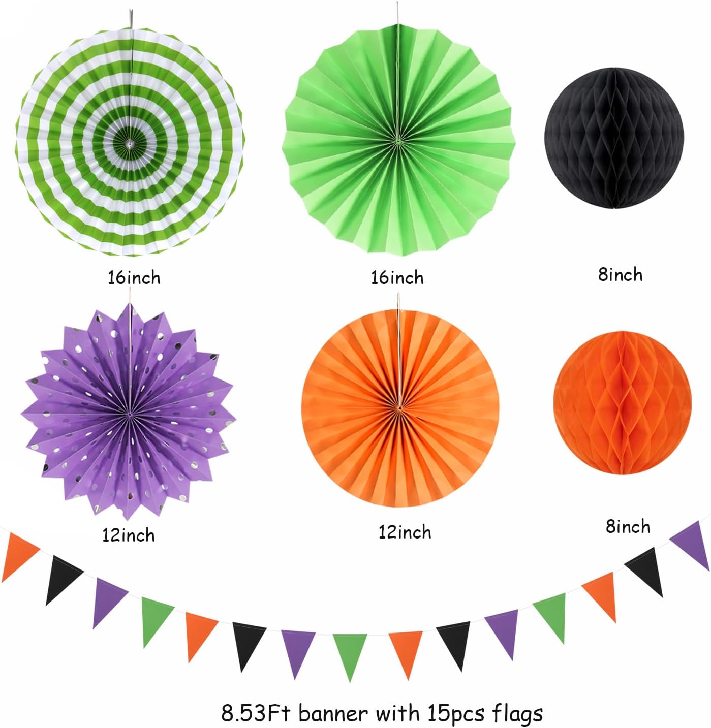 Decoraciones de fiesta de Halloween, color negro, morado, naranja, verde, 20 linternas de papel, pompones de tejido, bolas de panal, hotel