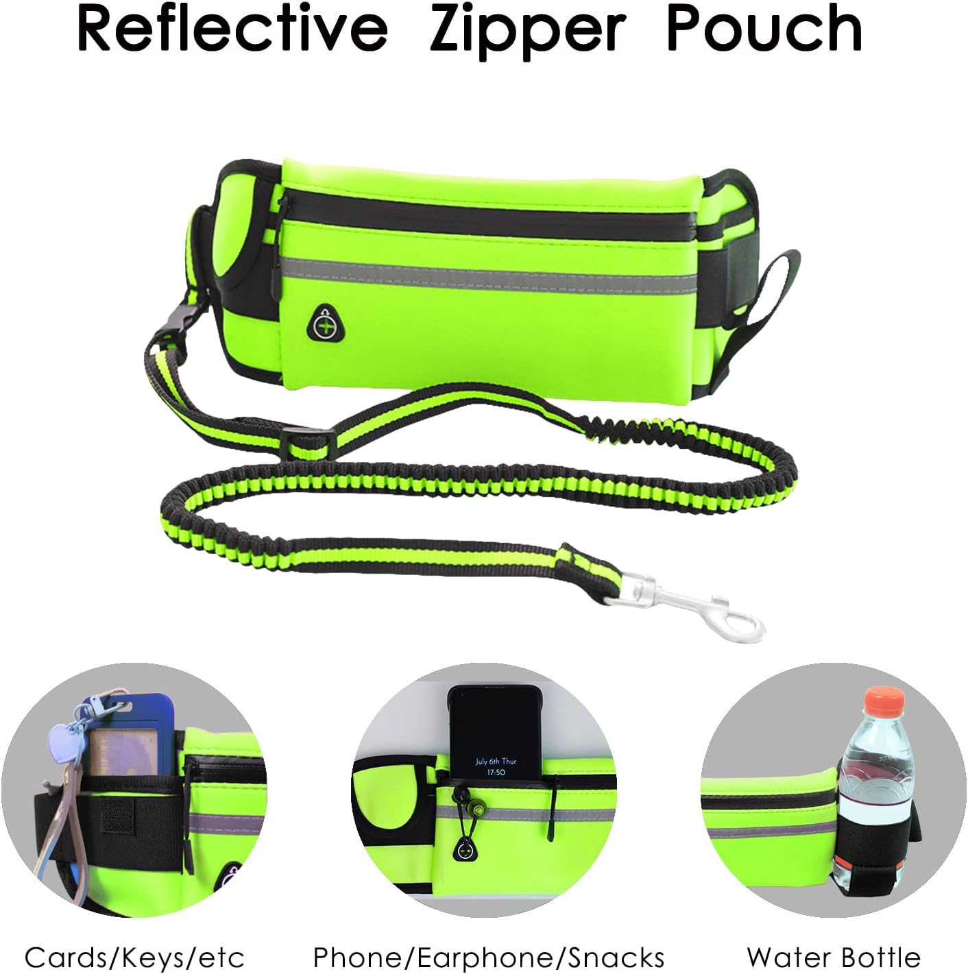 Correa de perro manos libres, correa verde manos libres para perros pequeños y grandes con bolsa impermeable con cremallera, cinturón reflectante