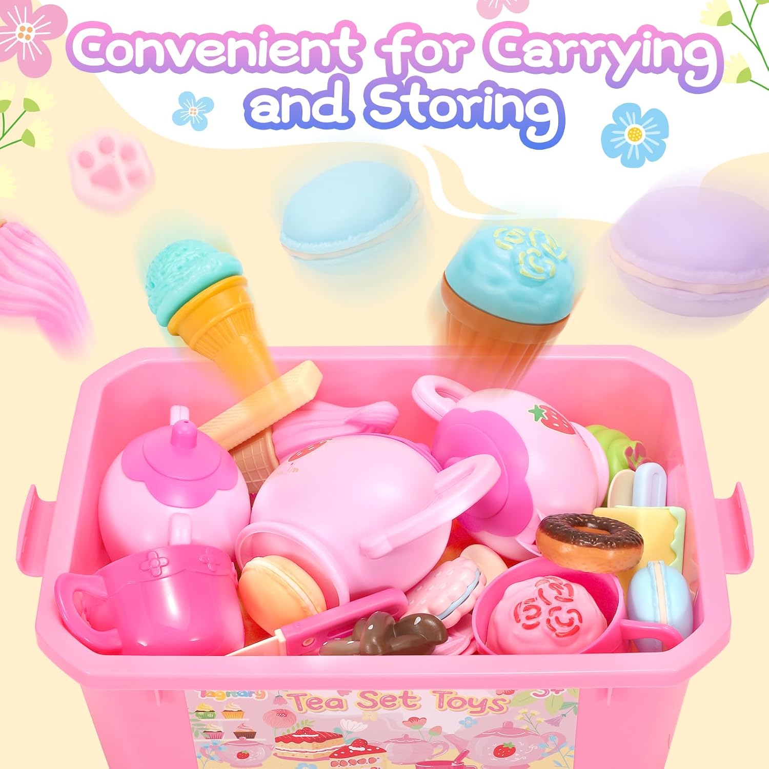 Tagitary Juego de fiesta de té para niñas pequeñas, juego de té de princesa, incluye galletas de postre, tetera, mantel y funda de transporte,