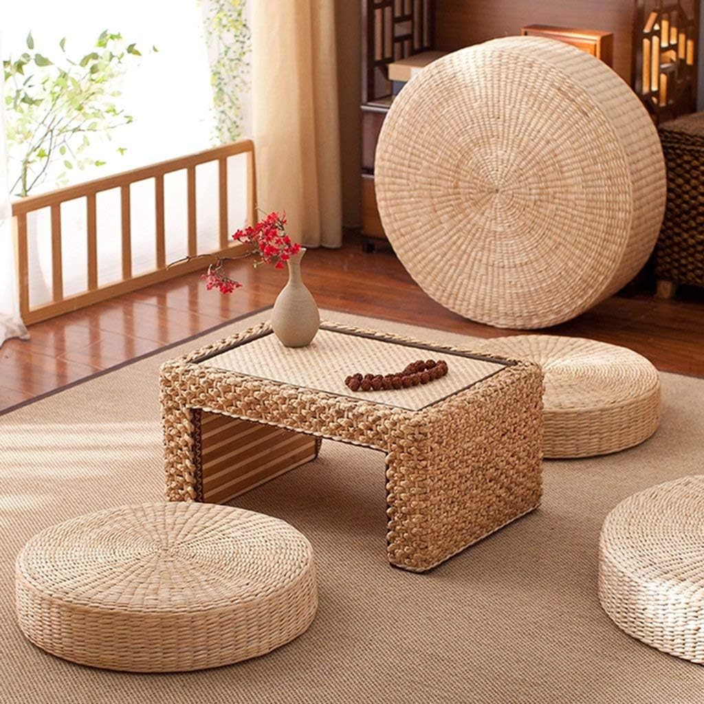 Paquete de 2 cojines de suelo de tatami para sentarse, tamaño más grande, acolchados, redondos, con pajilla, para asiento al aire libre (diámetro