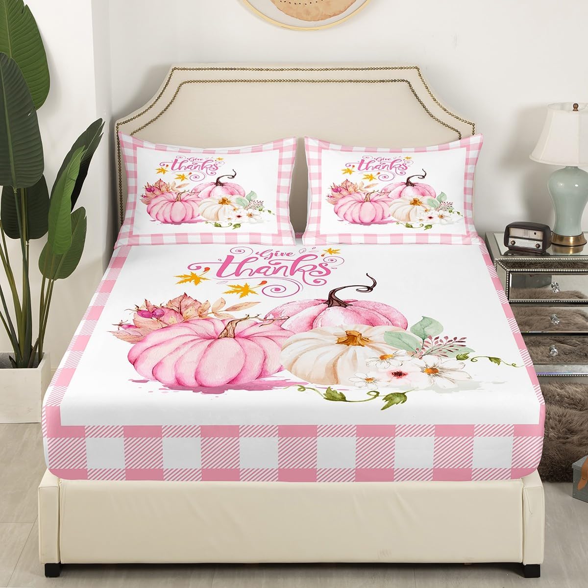 Juego de sábanas de otoño rosa, sábana bajera ajustable de calabaza para niños, niñas, adolescentes, decoración de habitación, juego de ropa de cama