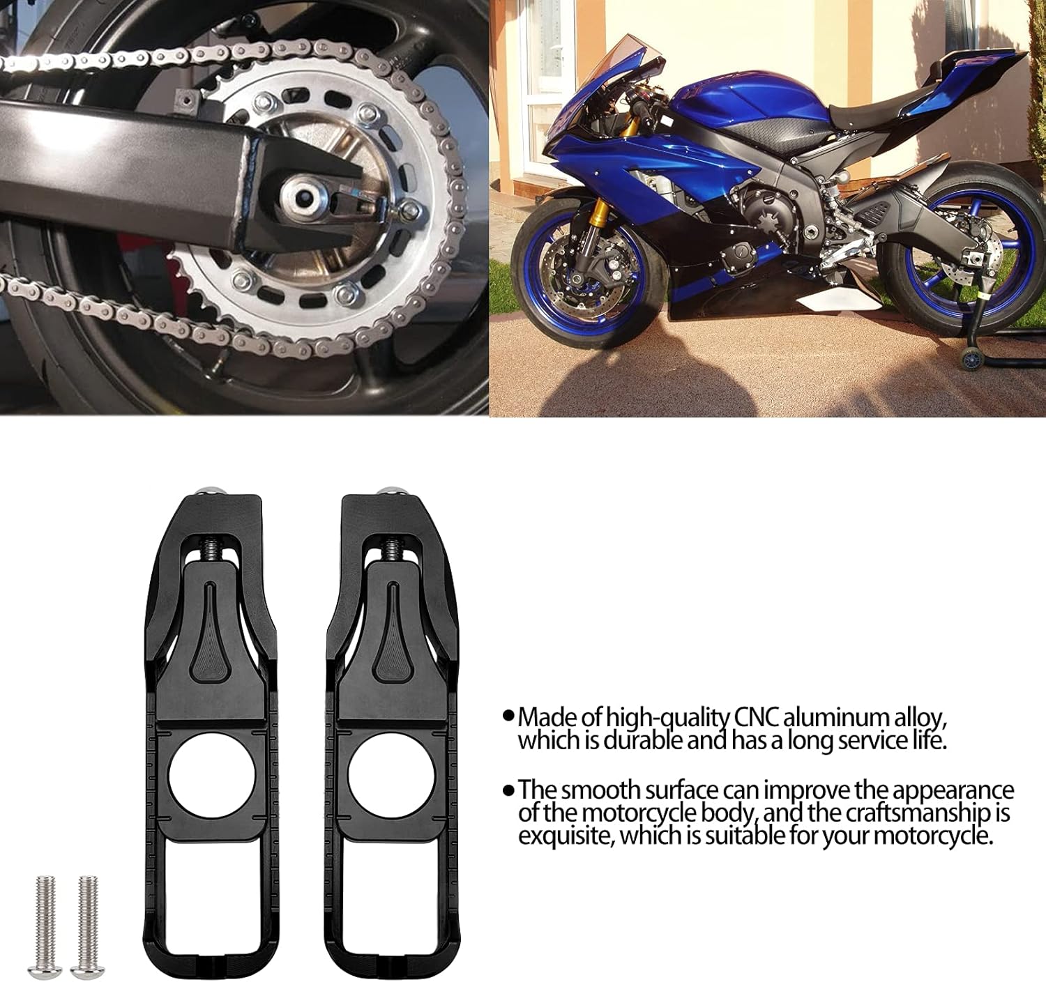 Ajustadores de cadena de motocicleta, par de ajustadores de cadena izquierda derecha de motocicleta de repuesto para YZF R6 20172020 (negro)