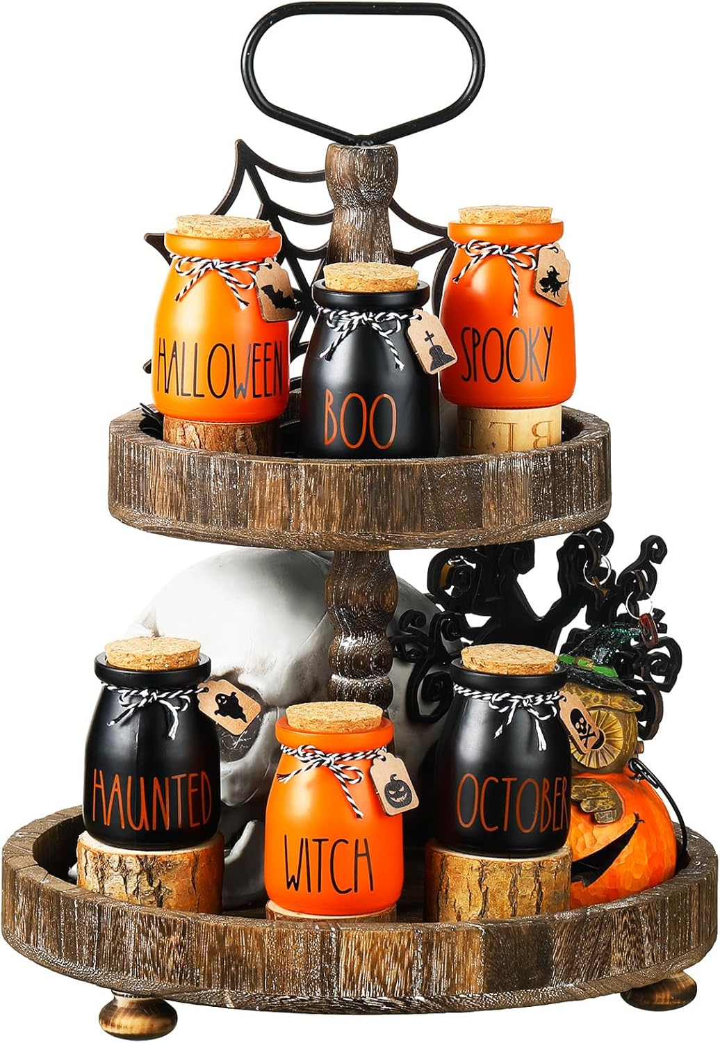Juego de 6 mini tarros de albañil de Halloween para decoración de bandeja escalonada de Halloween, murciélagos fantasmas, calabaza, pequeños frascos