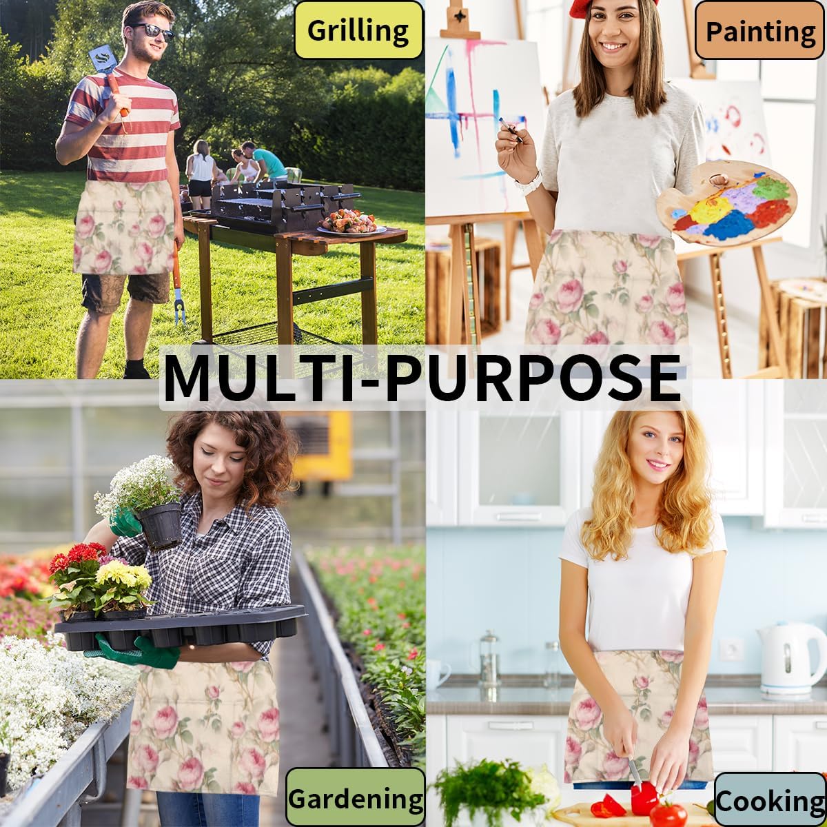 bisibuy 3 Pocket Waist Apron, Pack of 3, Floral Fower Retro Server Short Apron for Men Women, Kitchen, Restaurant, Cafe Delantales De Mesera Para