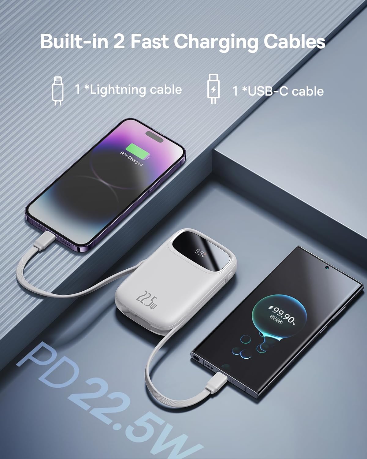 Baseus Cargador portátil, cargador portátil de 22.5 W, 10000 mAh, cargador de teléfono portátil de carga rápida con cable de salida iOS y USB-C