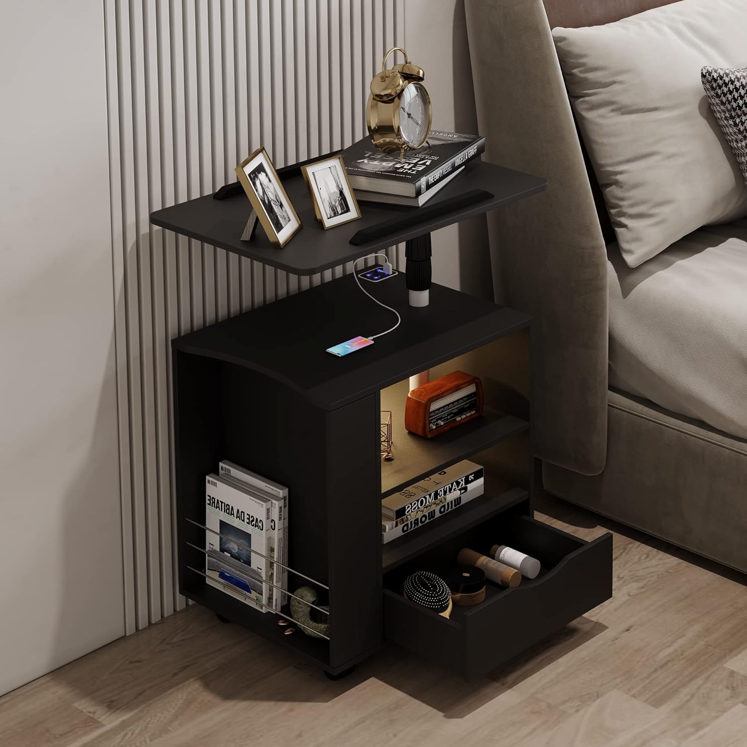 dnbss Juego de 2 mesitas de noche LED, mesa de noche moderna, mesita de noche inteligente con estación de carga USB, cajón de almacenamiento,