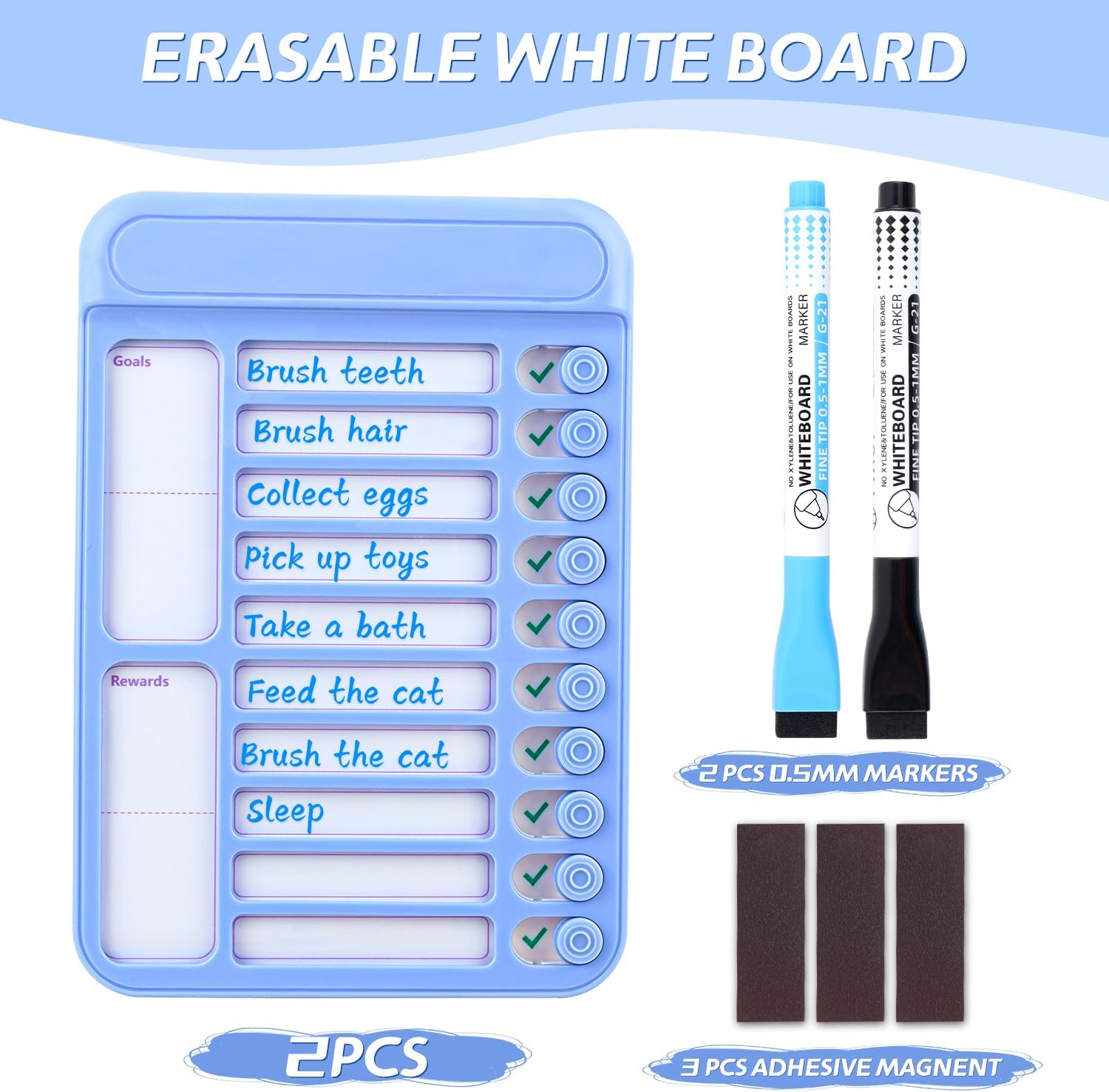 Paquete de 2 tablas de tareas borrables para niños, lista magnética de tareas reutilizables con papel de borrado en seco, tabla de programación de