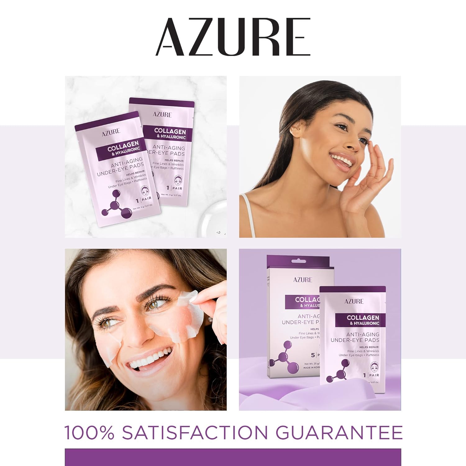 Azure Cosmetics Almohadillas antienvejecimiento de colágeno y ácido hialurónico para debajo de los ojos, parches de máscara de ojos que levantan e