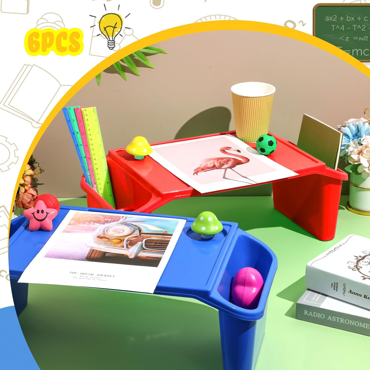 Geetery 6 bandejas de escritorio de regazo para niños con almacenamiento de plástico para computadora portátil con bolsillos laterales y ranura,