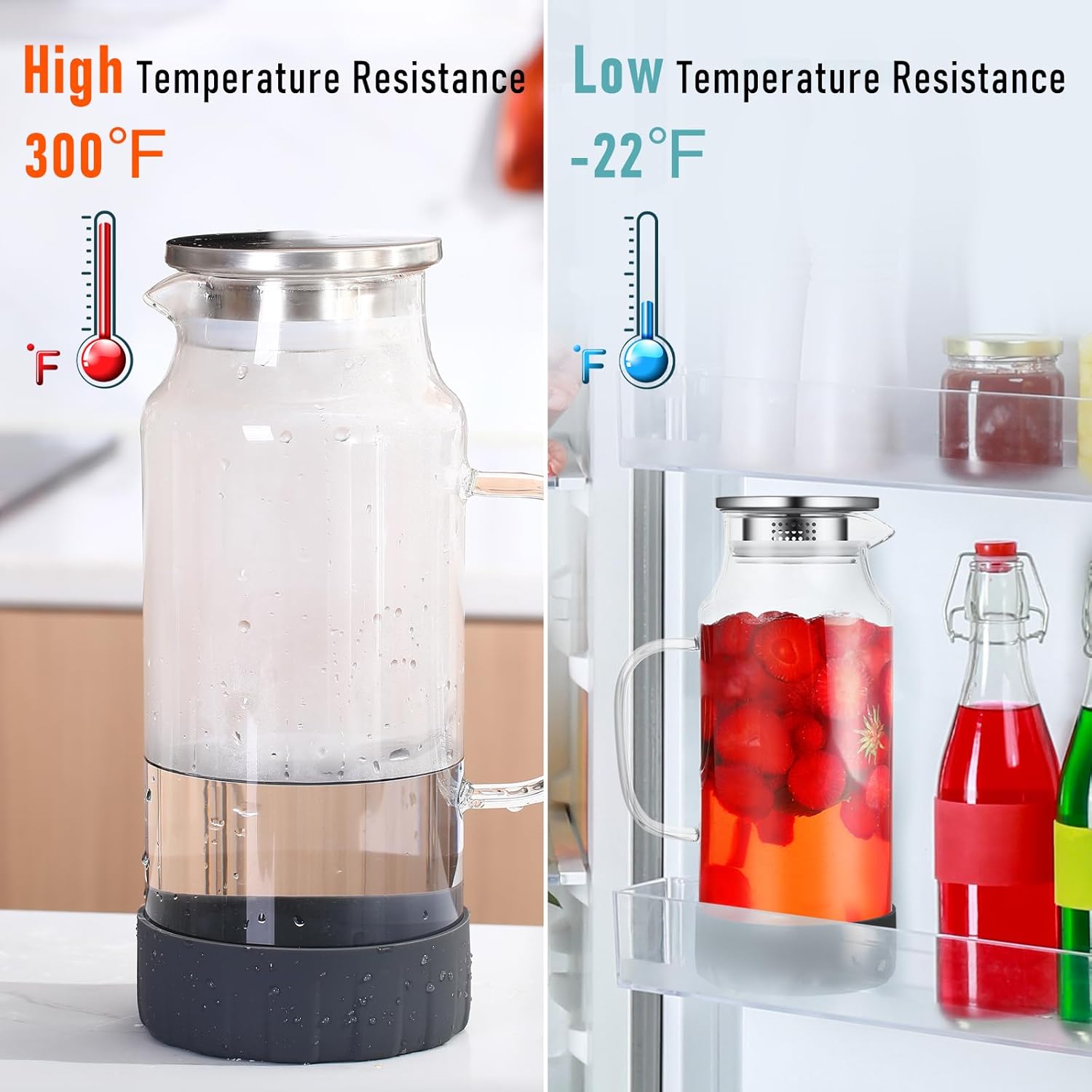 Jarra de vidrio con tapa, jarra de agua de vidrio calientefría con asa, jarra de vidrio para refrigerador, té helado, café, jugo, bebidas caseras