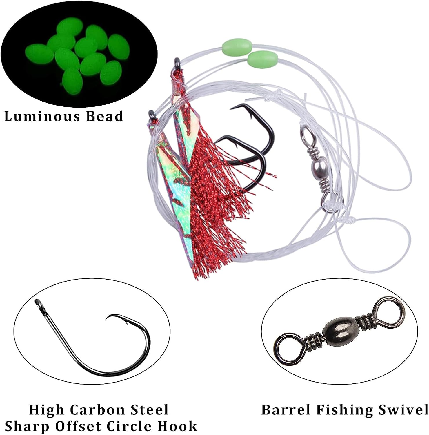 Aparejos de pesca para cebo de agua salada, aparejos de bacalao de roca de pesca, anzuelos intermitentes con cuentas luminosas, línea de pesca