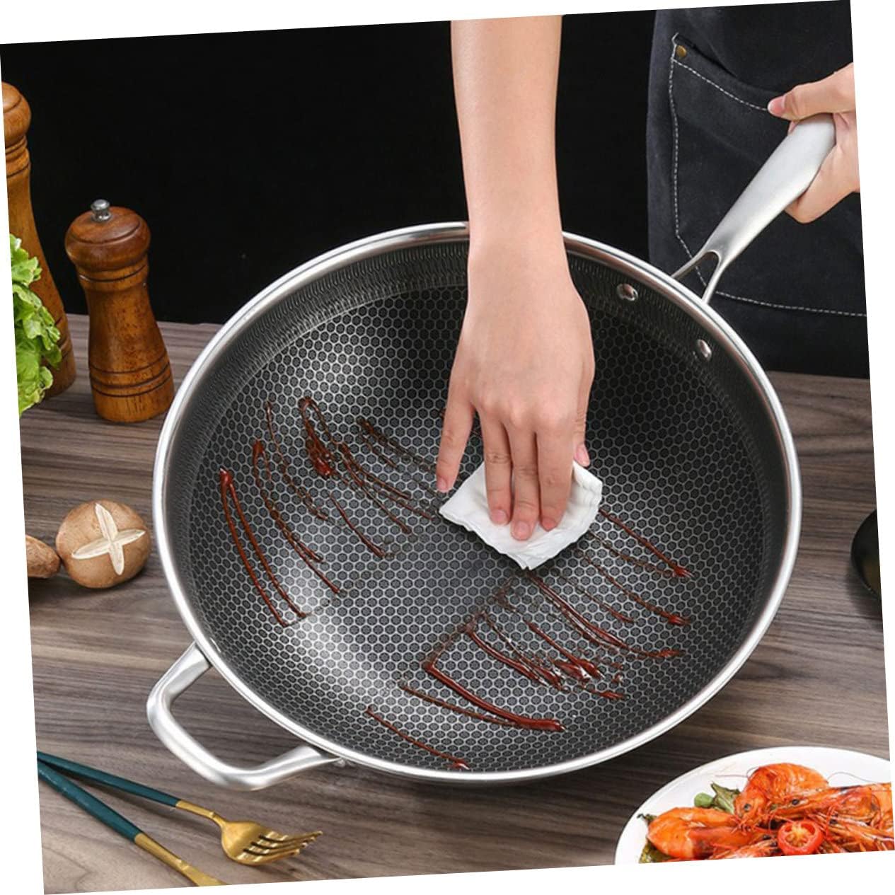HAKIDZEL Wok de acero inoxidable antiadherente Sartén antiadherente utensilios de cocina antiadherentes Sartén de acero inoxidable Utensilios de