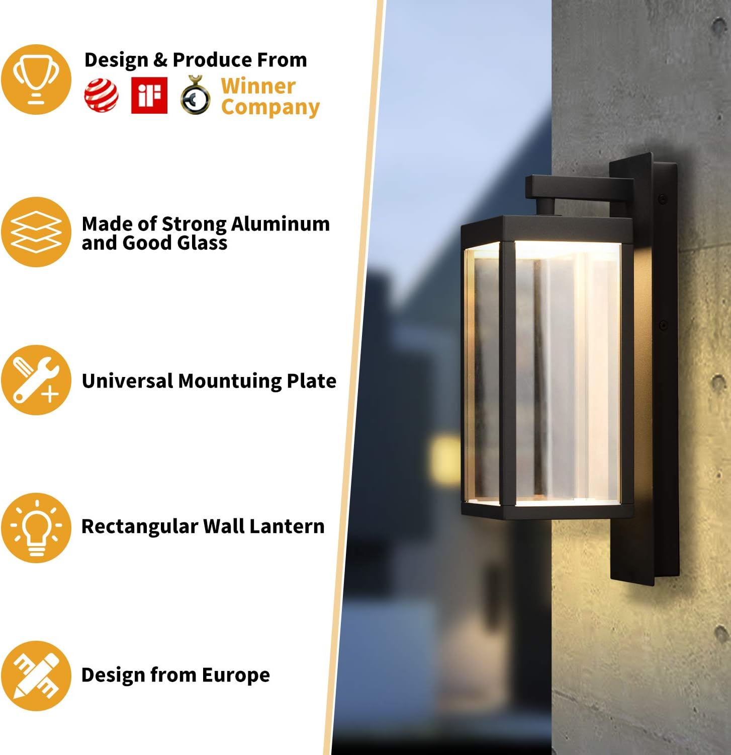 Lámpara de pared al aire libre moderna para porche exterior para casa, aplique de pared negro impermeable IP54 de 15 pulgadas con vidrio
