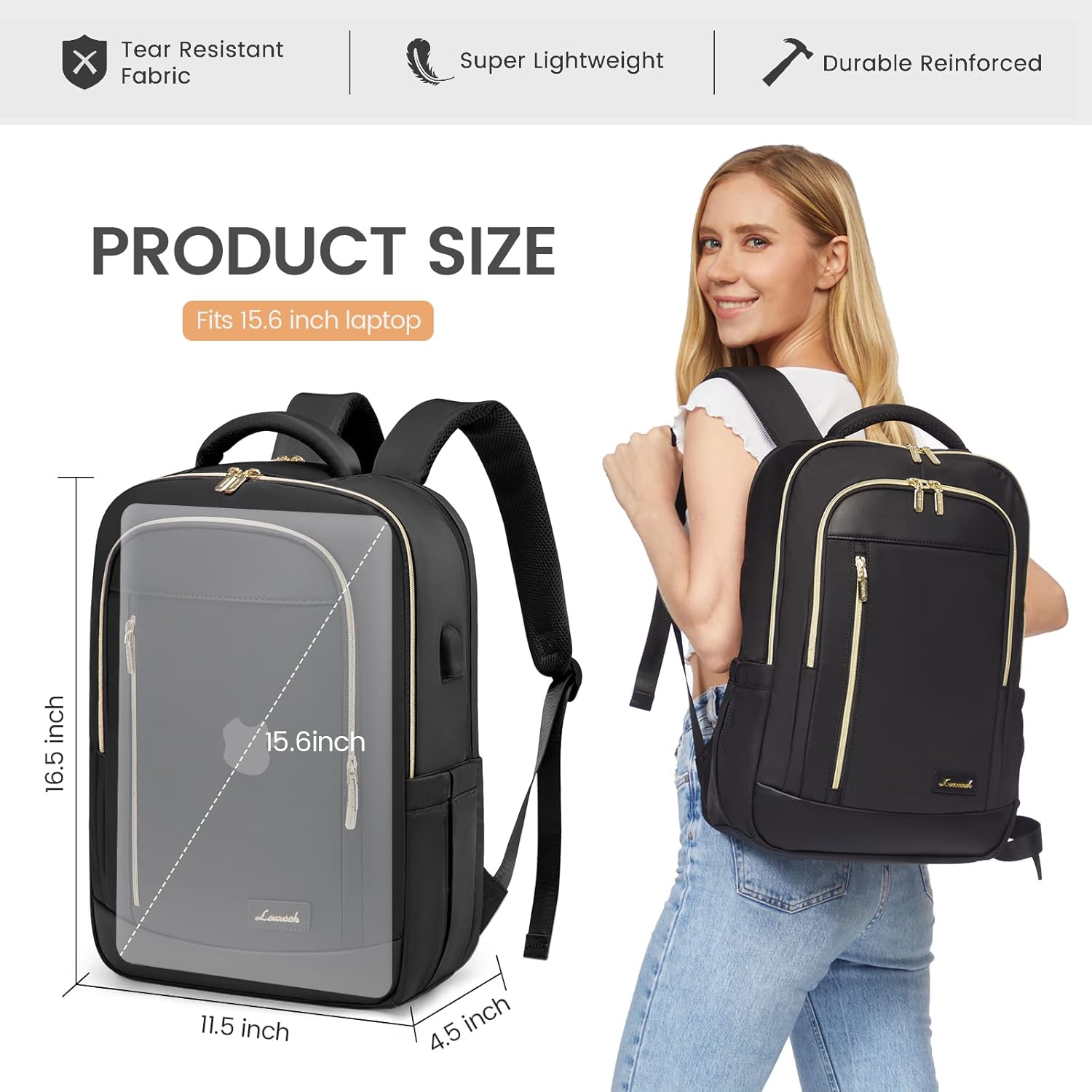 LOVEVOOK Mochila para computadora portátil para mujer, mochila para profesores, enfermeras, trabajo, viajes, mochila para computadora, Negro-1,