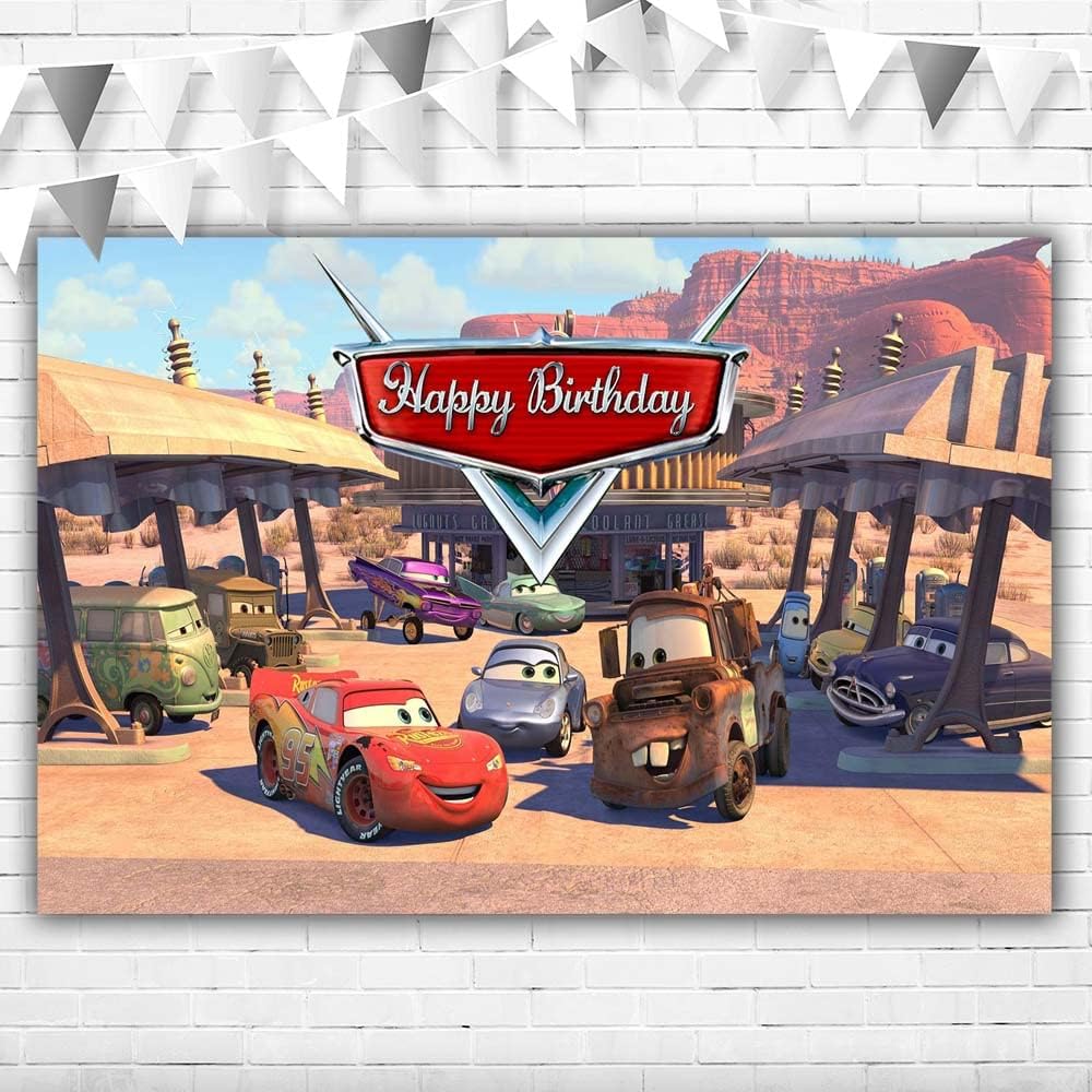 Telón de fondo de vinilo para el primer cumpleaños del auto McQueen para niños, cartel de vinilo para decoración de fiestas infantiles (5 x 3 pies)
